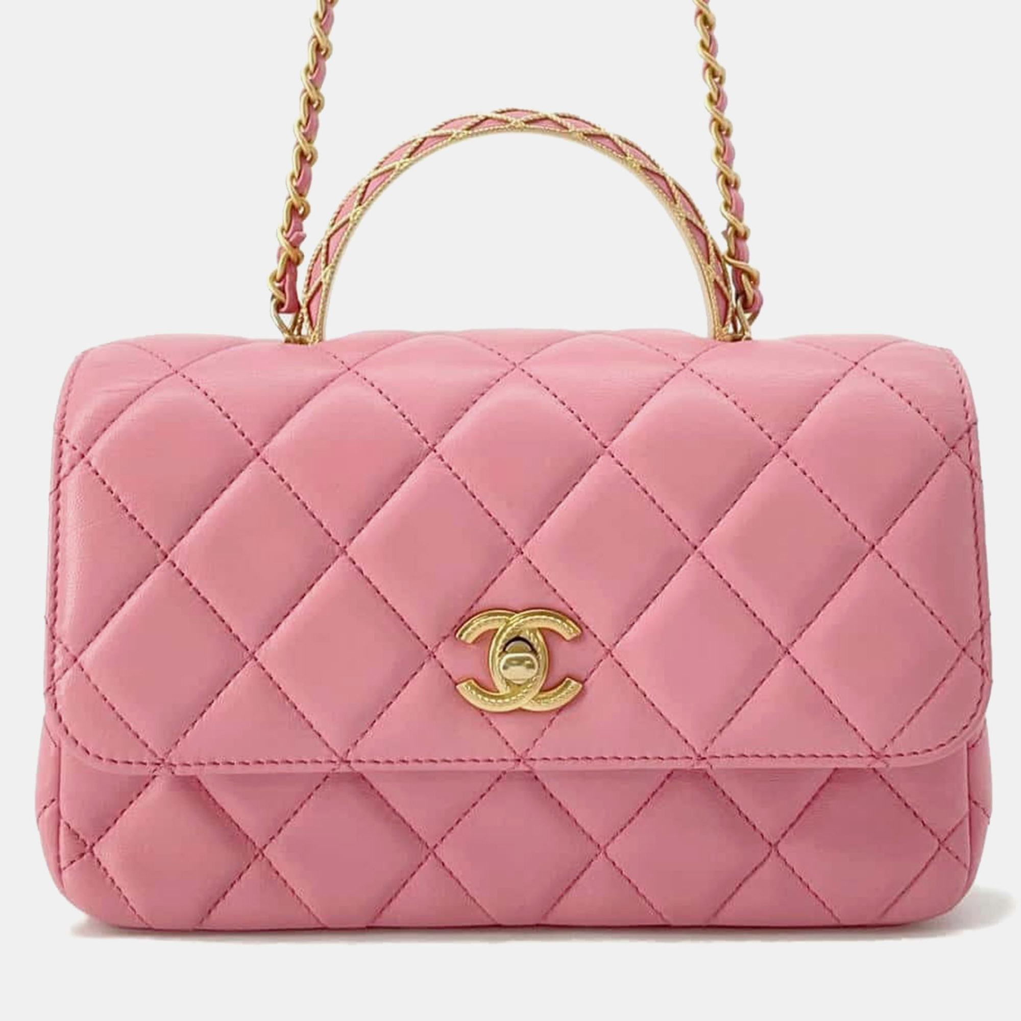 Chanel Pink Lambskin Matelasse Lambskin Top Handle Bag