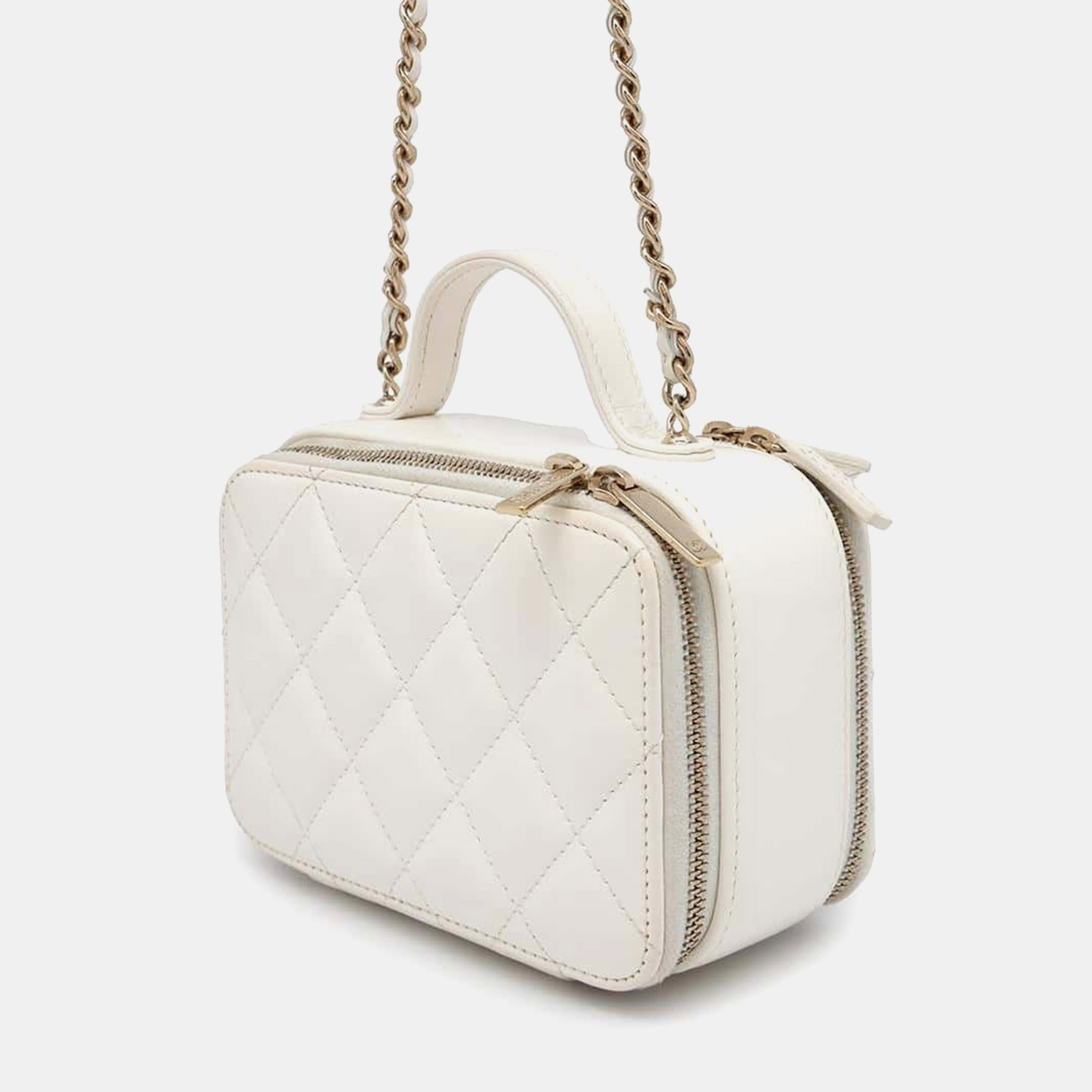 Chanel White Shiny Calf Leather Matelasse Top Handle Vanity Bag