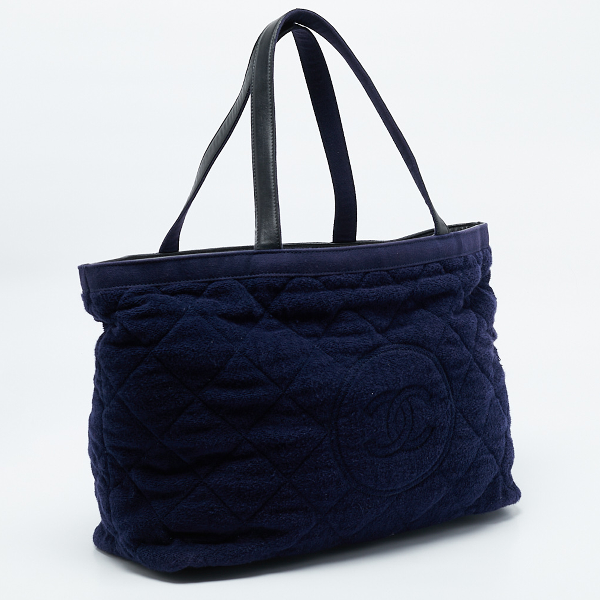 Chanel Navy Blue Quilted Terry Cloth CC Beach Tote