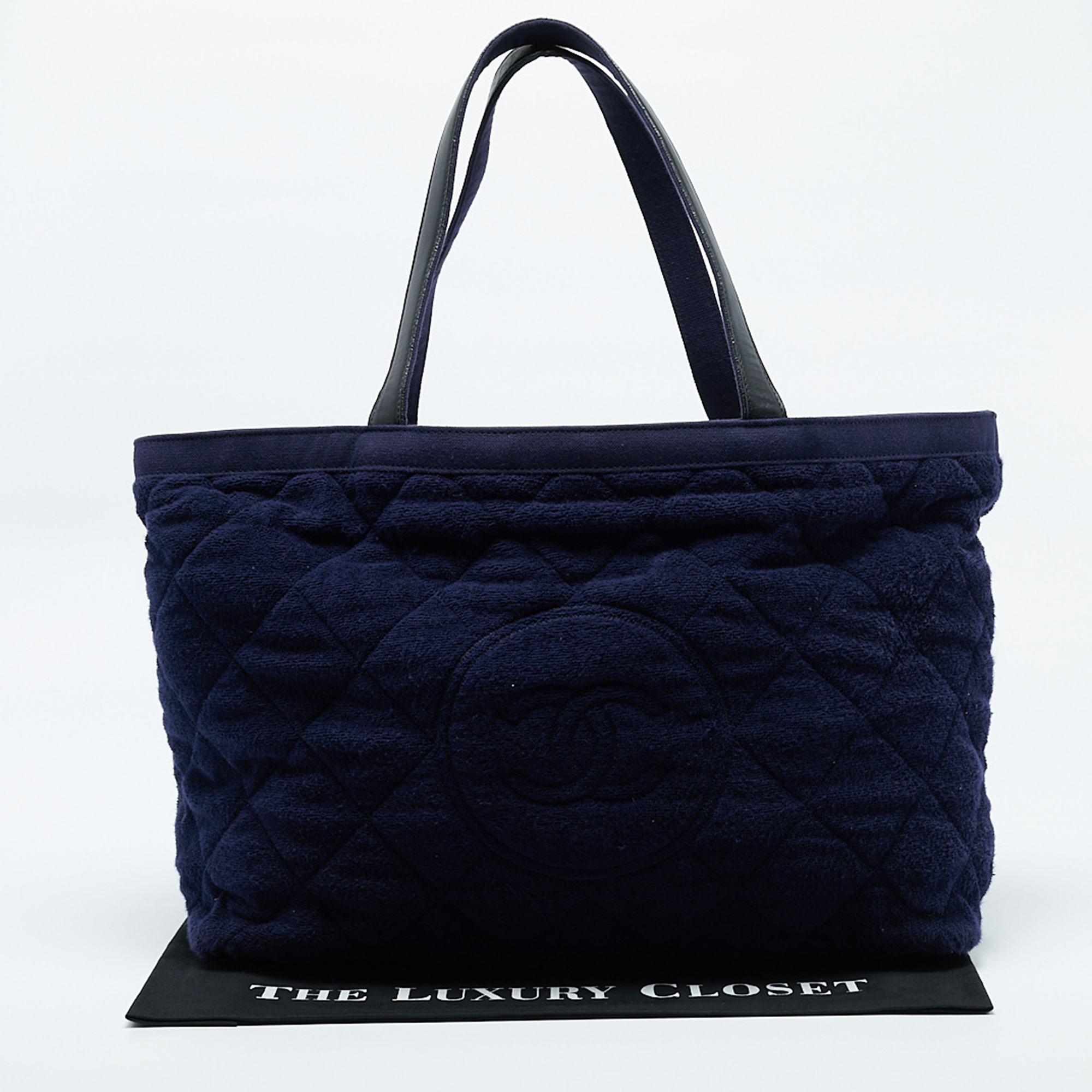 Chanel Navy Blue Quilted Terry Cloth CC Beach Tote