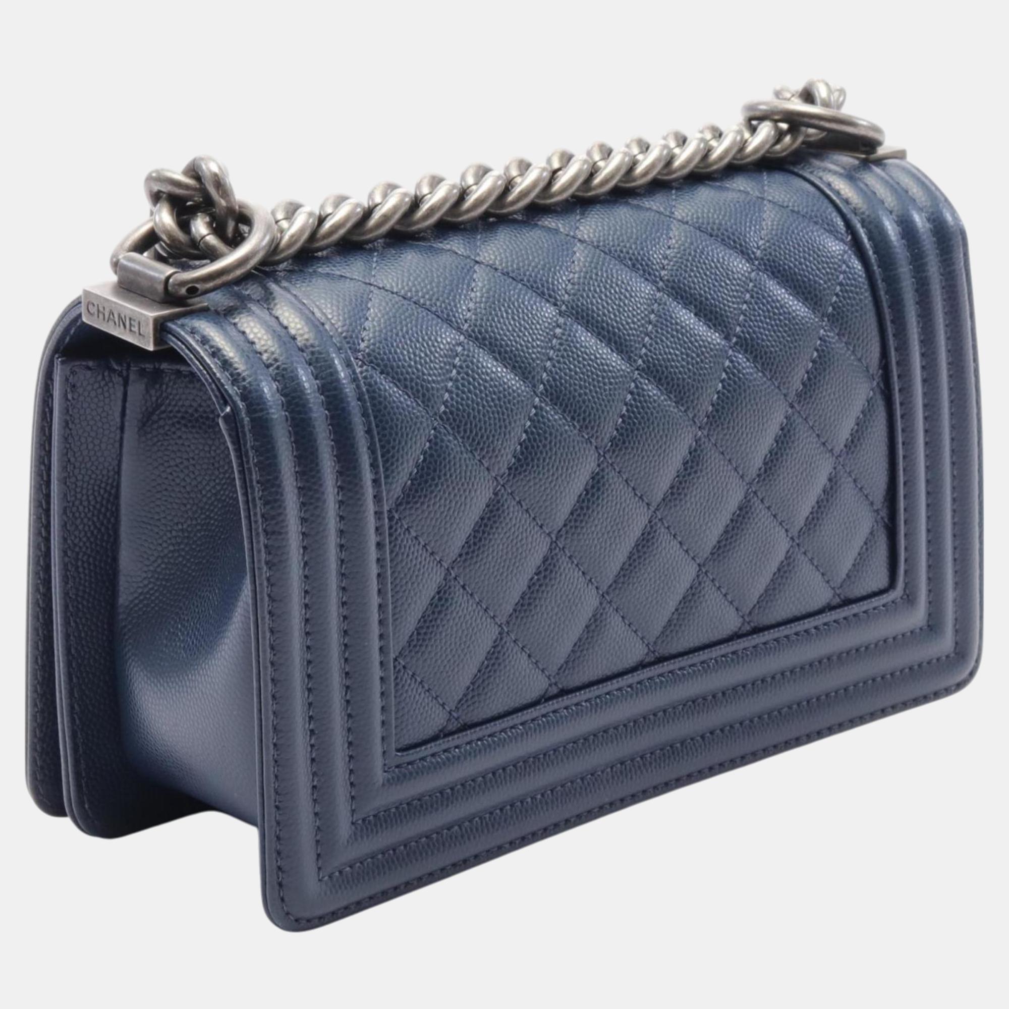 Chanel Navy Caviar Skin (Grained Calf) Boy Chanel Small Matelasse Shoulder Bag