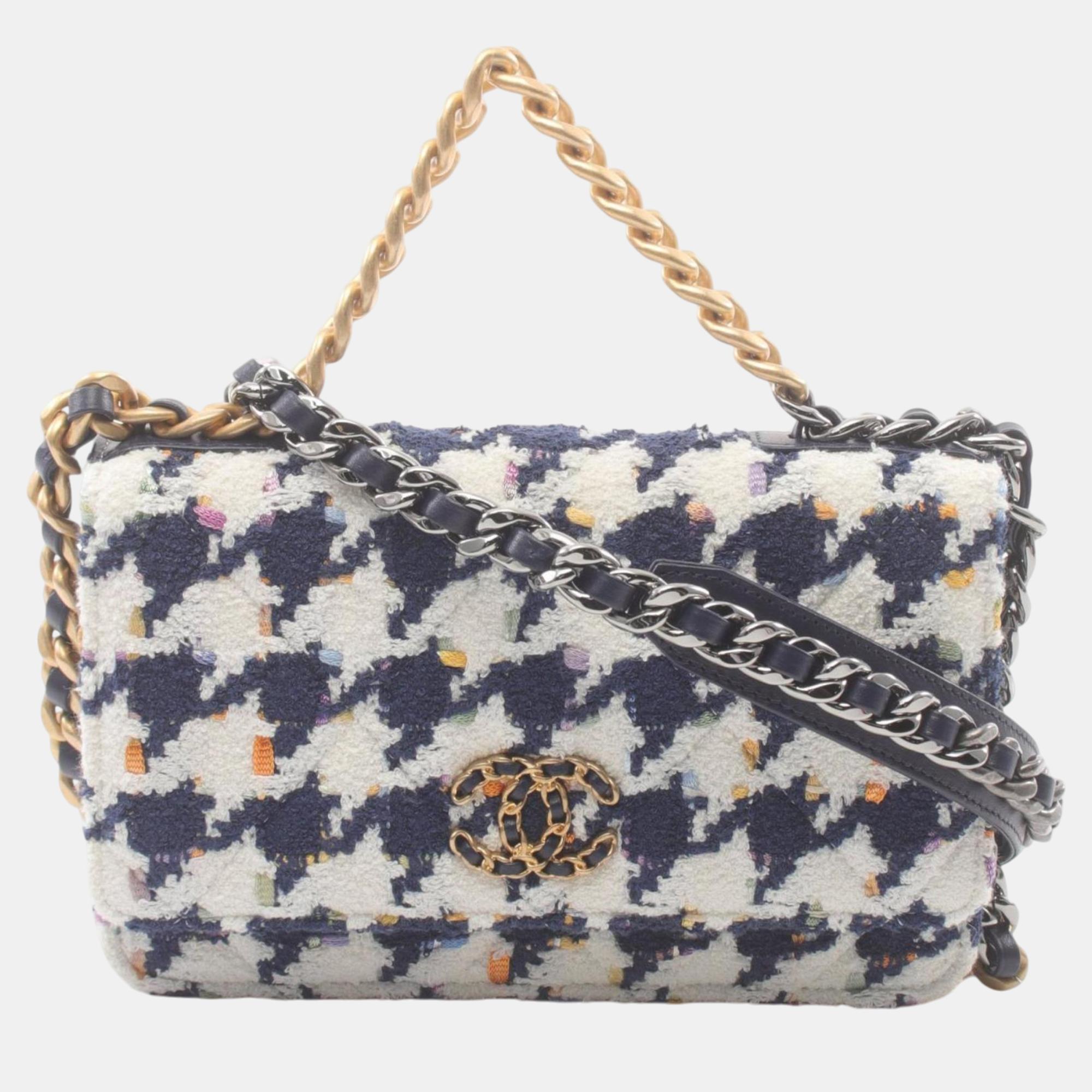 Chanel White Navy Multicolor Fabric 19 Shoulder Bag