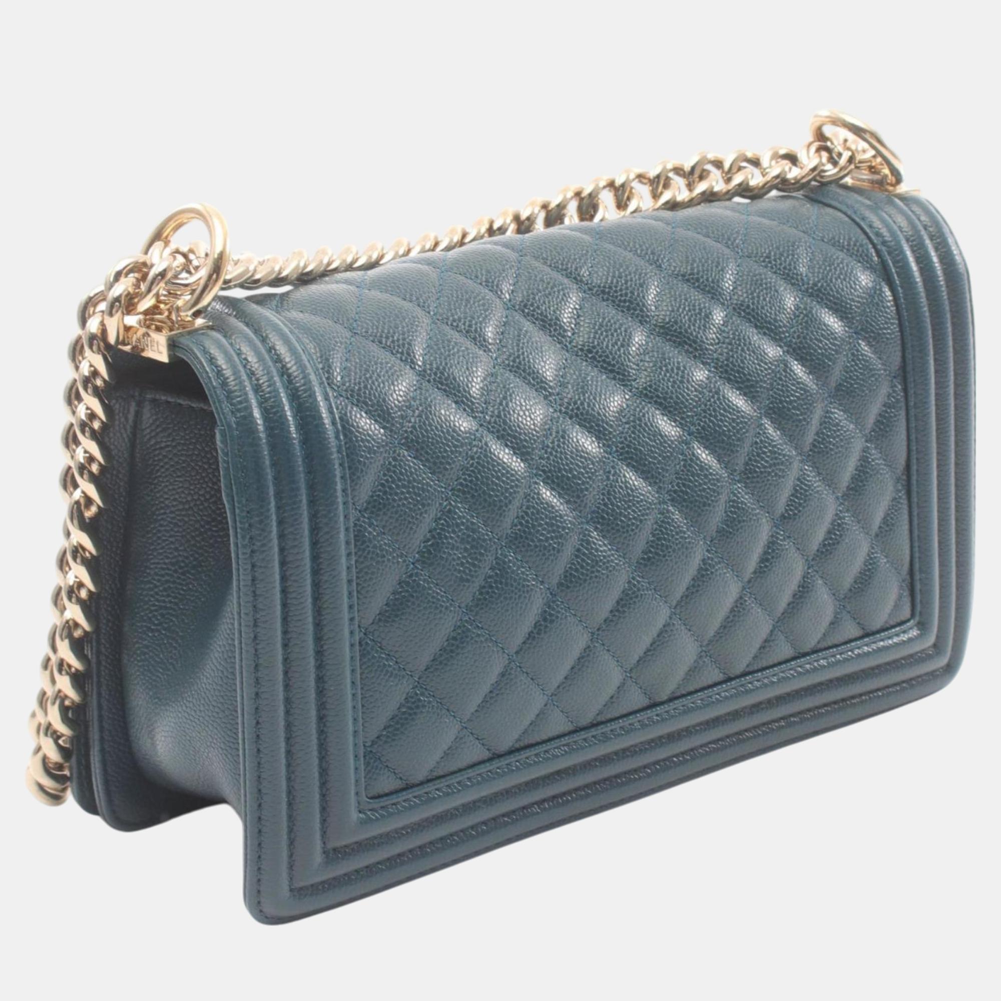 Chanel Green Caviar Skin (Grained Calf) Boy Chanel Matelasse Shoulder Bag