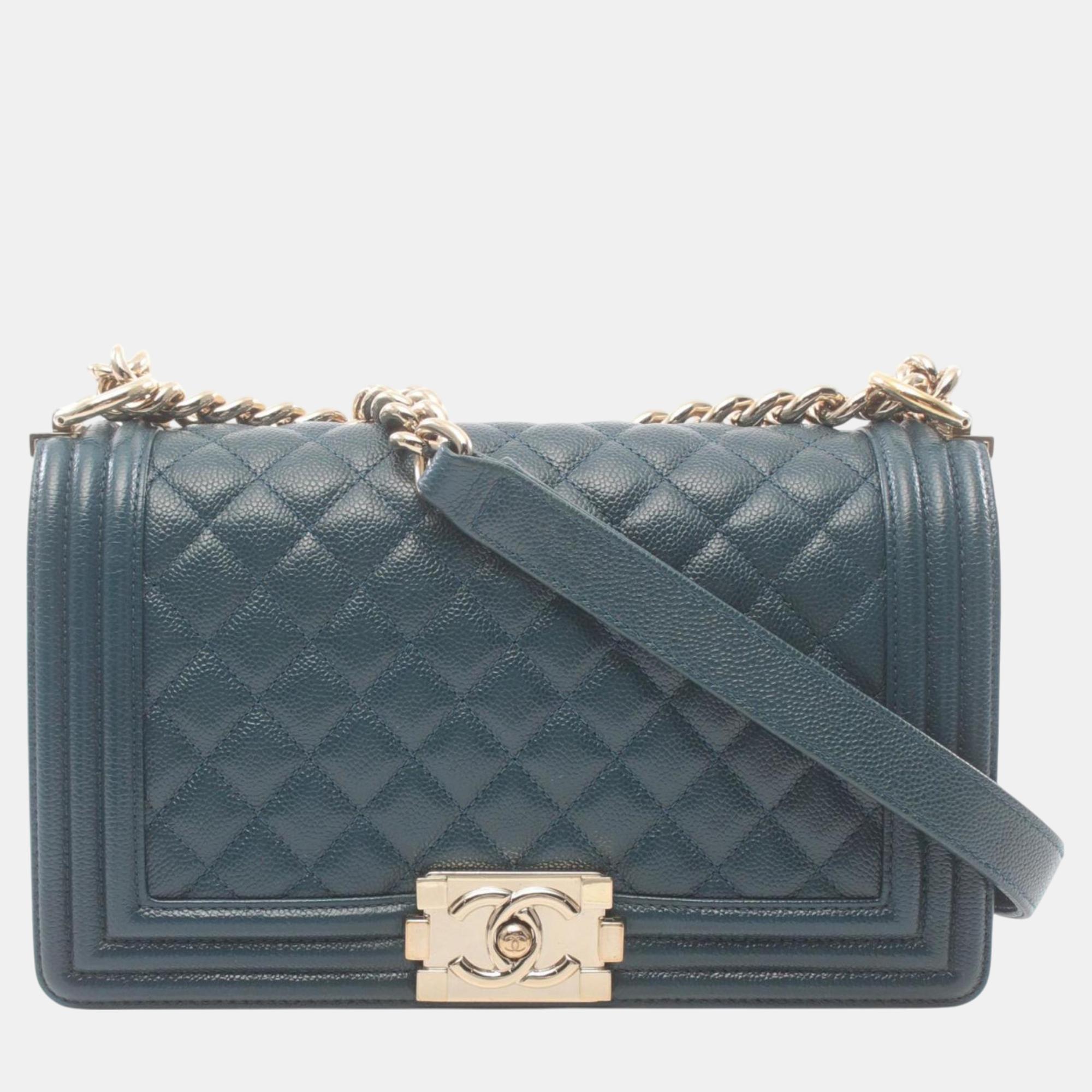 Chanel Green Caviar Skin (Grained Calf) Boy Chanel Matelasse Shoulder Bag