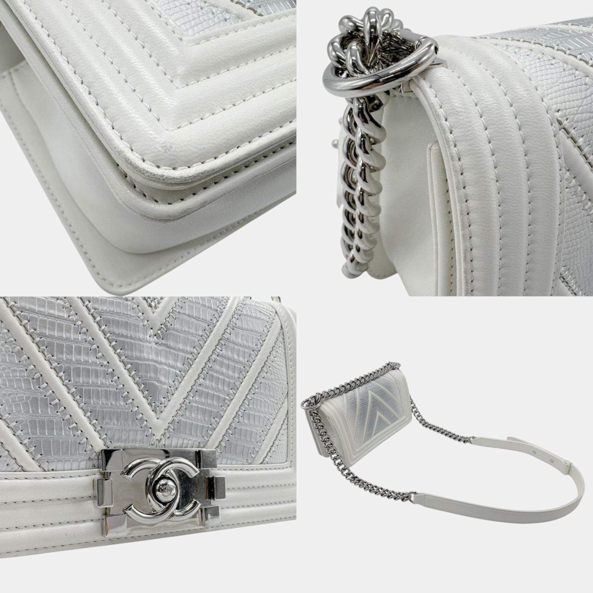 Chanel Leather White X Silver Boy Chanel Shoulder Bag