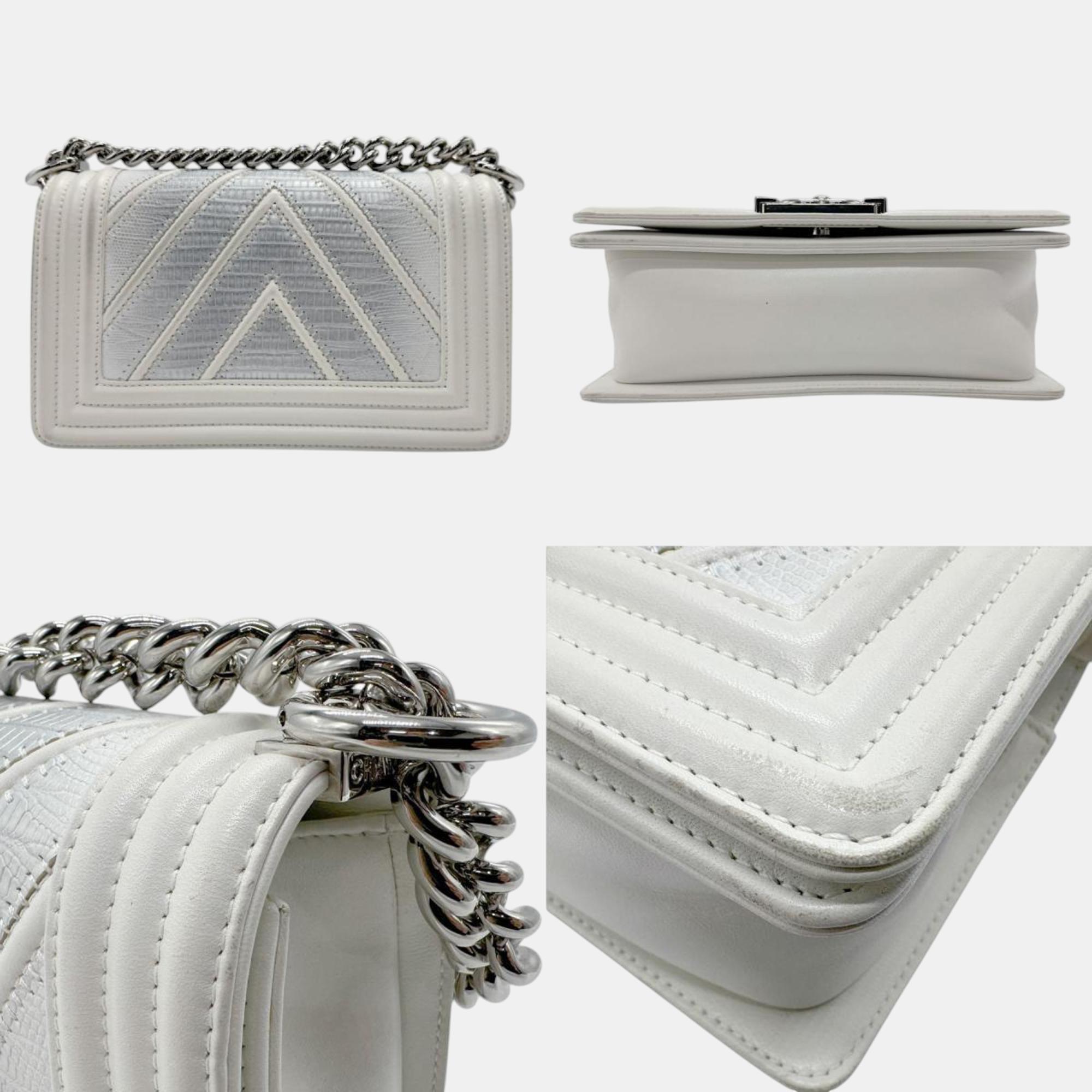 Chanel Leather White X Silver Boy Chanel Shoulder Bag