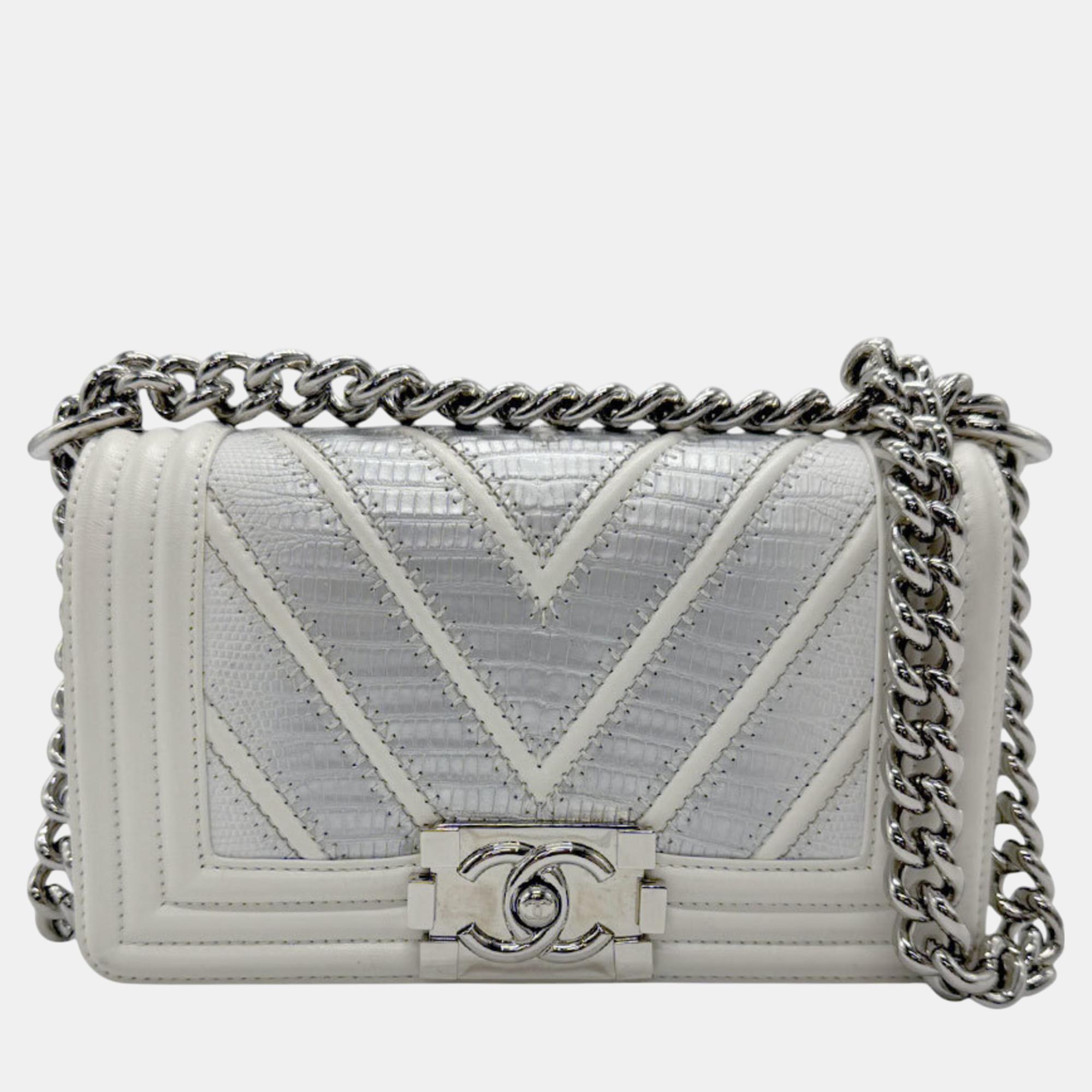 Chanel Leather White X Silver Boy Chanel Shoulder Bag