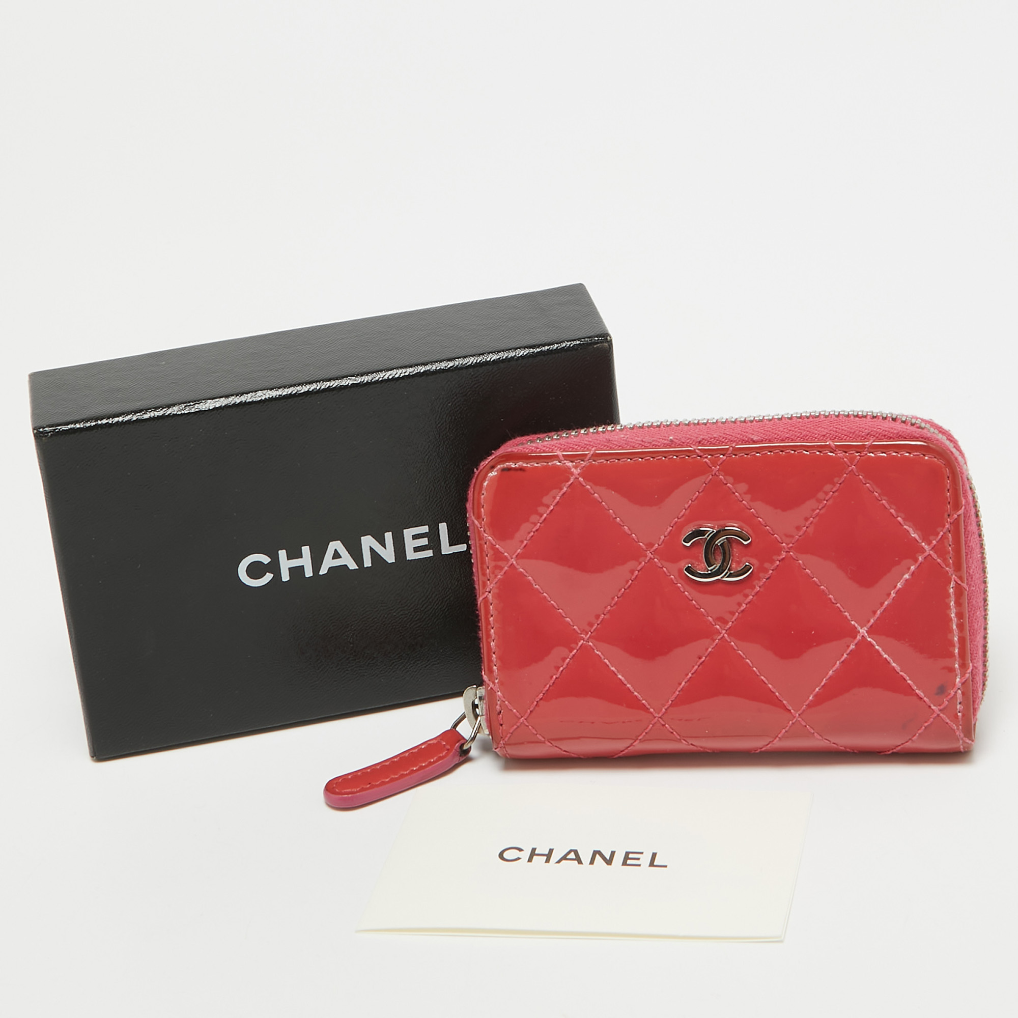 Chanel Pink Quilted Patent Leather CC Zip Coin Purse