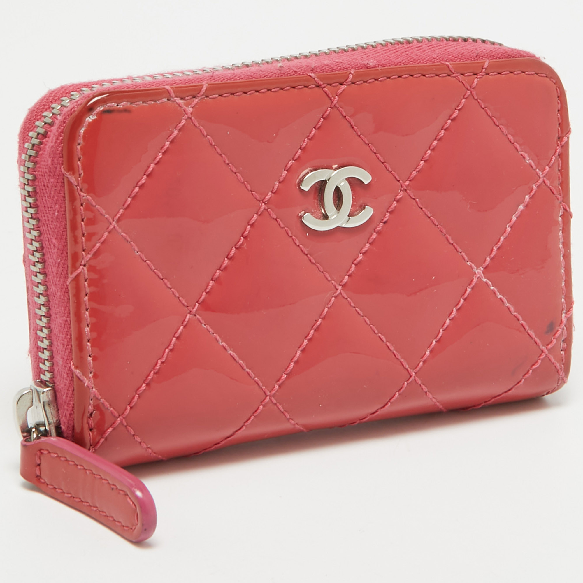 Chanel Pink Quilted Patent Leather CC Zip Coin Purse