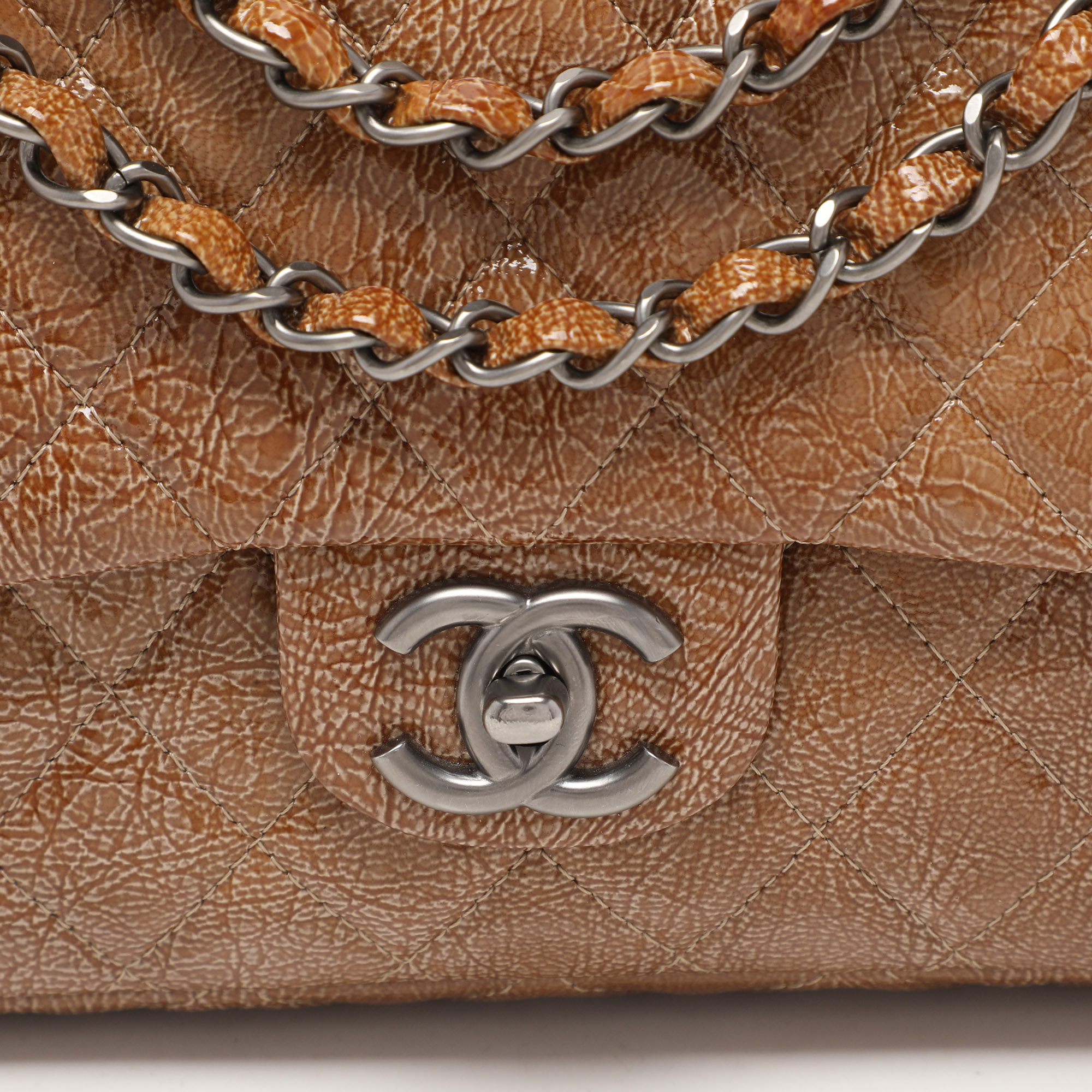 Chanel Camel Quilted Crinkled Patent Leather Medium Classic Double Flap Bag