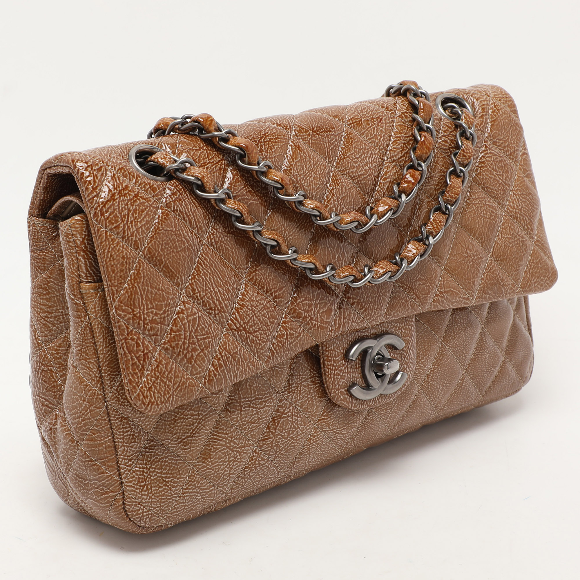 Chanel Camel Quilted Crinkled Patent Leather Medium Classic Double Flap Bag