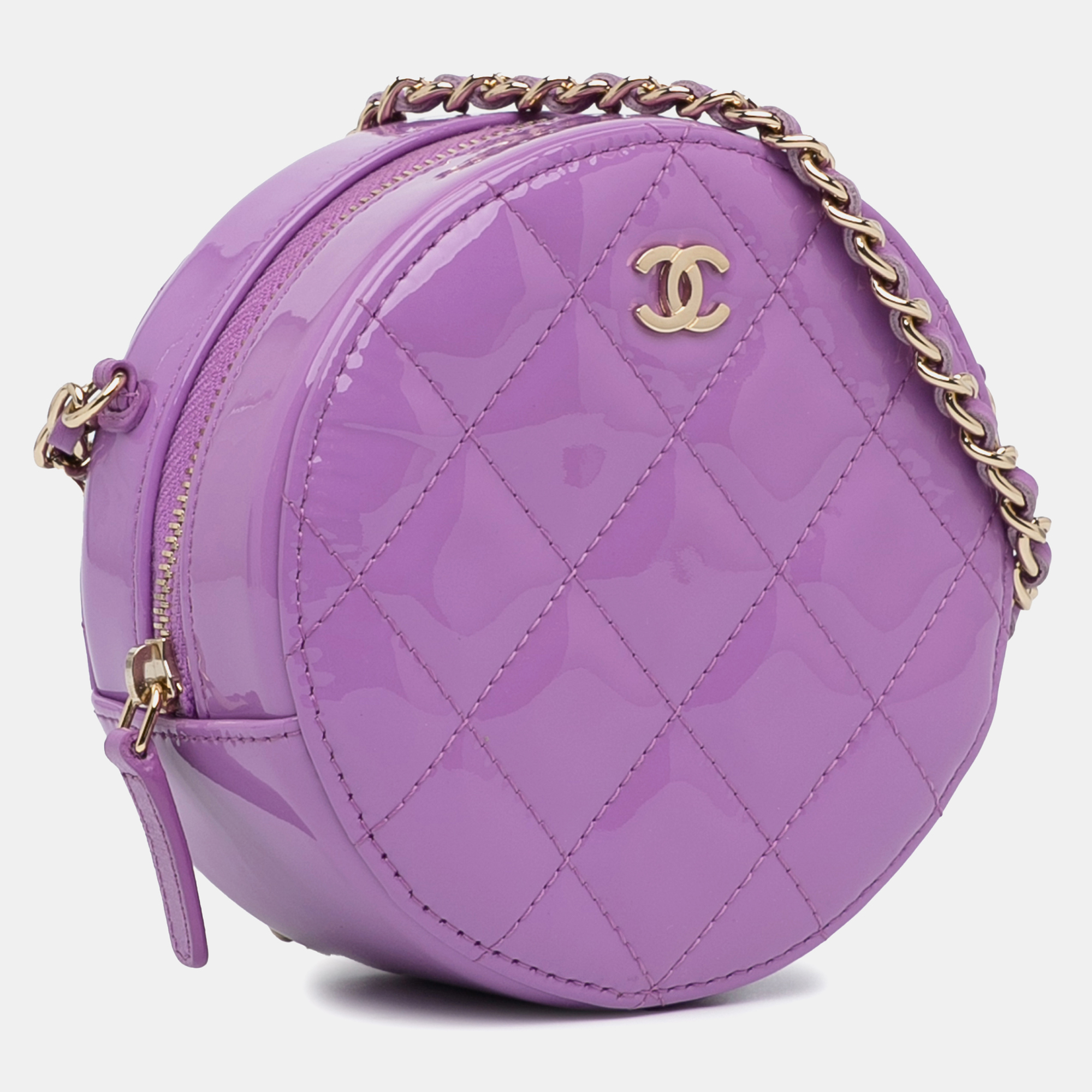 Chanel Purple Patent Leather Chanel CC Quilted Patent Round Clutch With Chain