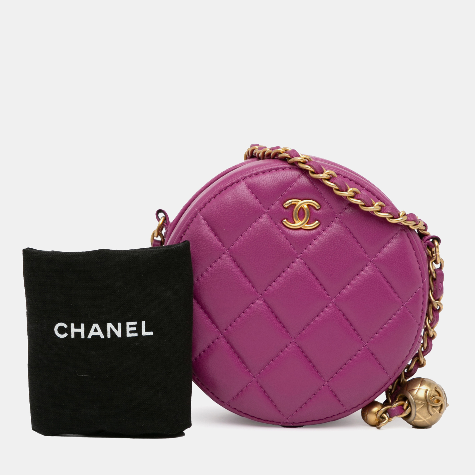 Chanel Purple Leather Chanel CC Quilted Lambskin Pearl Crush Round Clutch With Chain