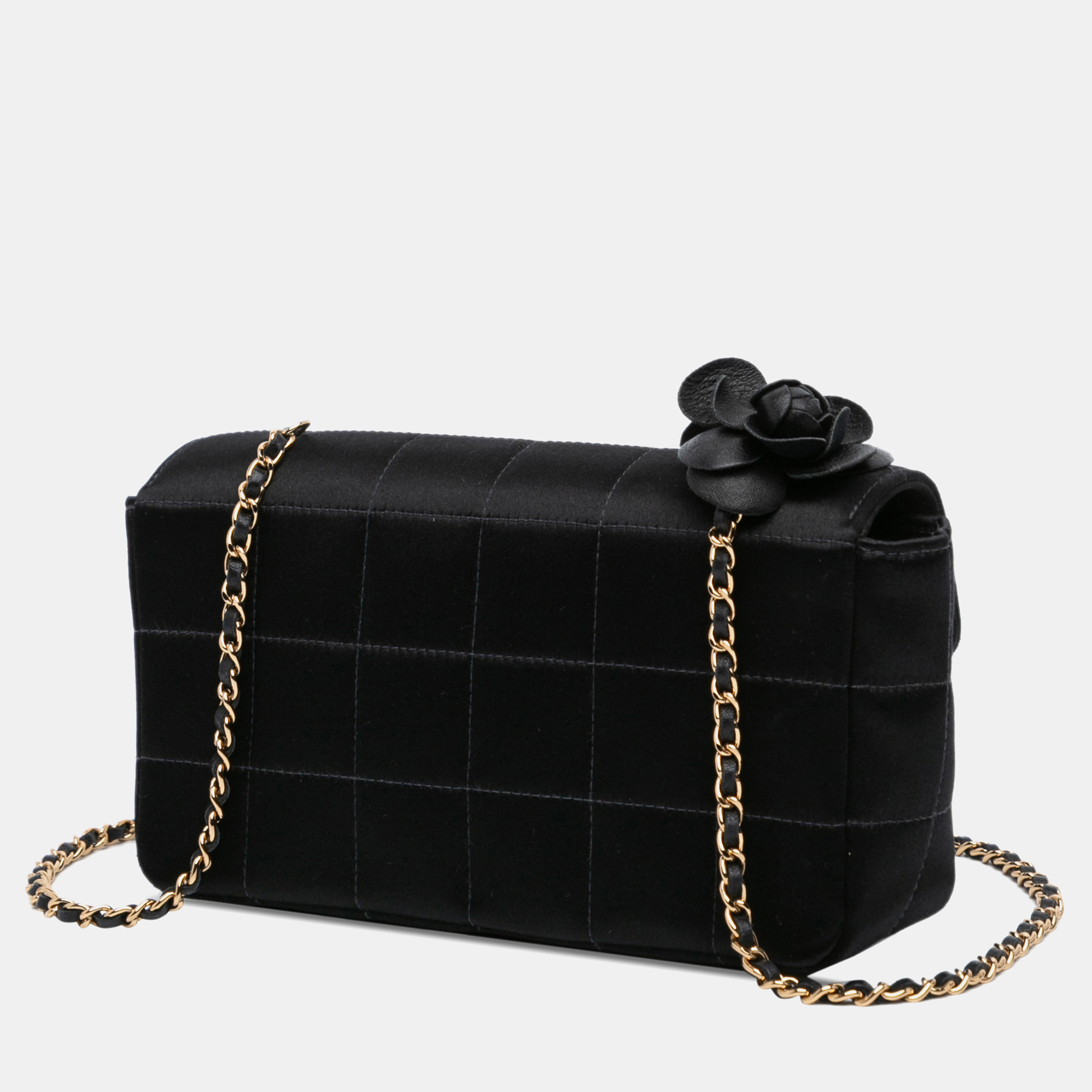 Chanel Black Fabric And Satin Chanel Mini Choco Bar Quilted Satin Camellia Flap