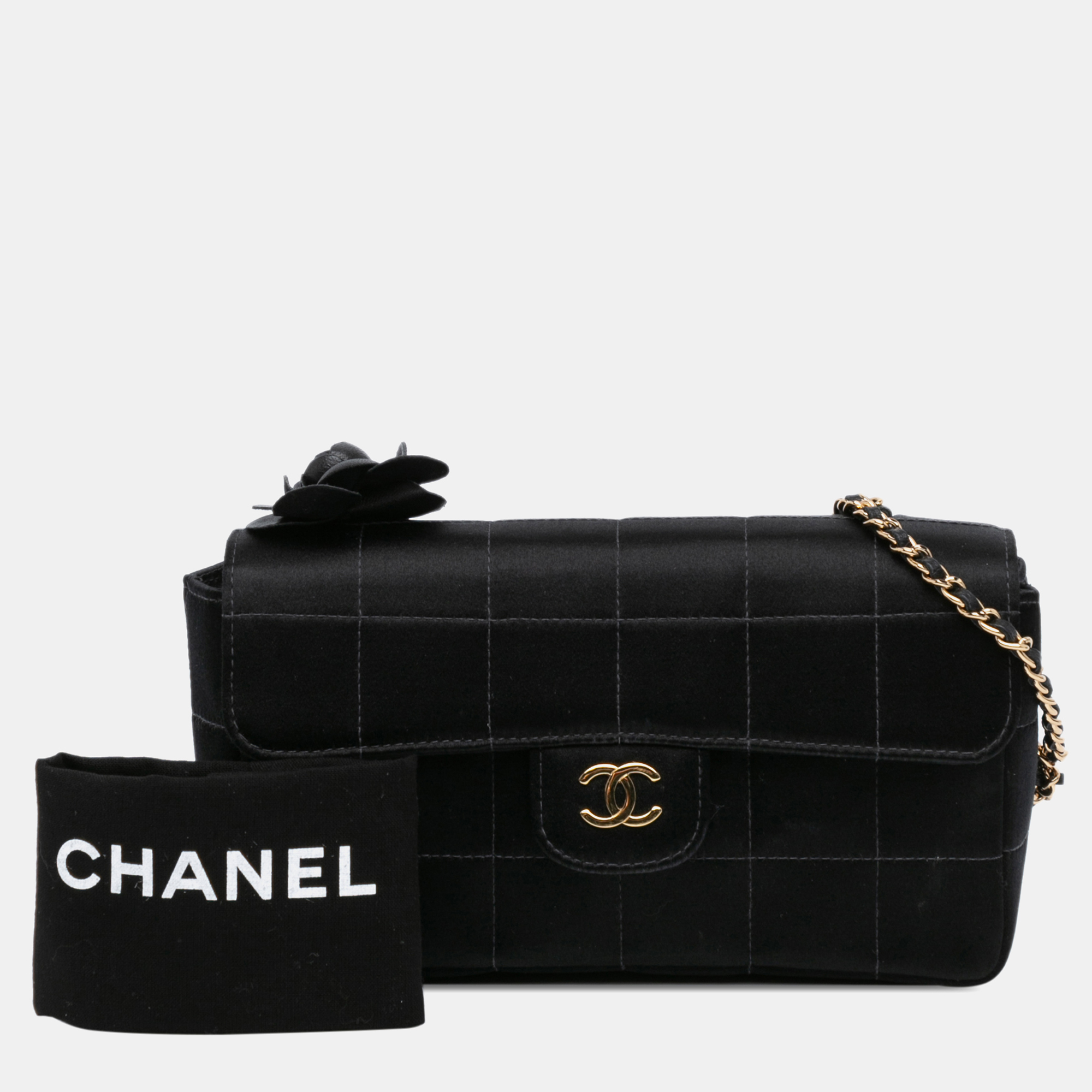 Chanel Black Fabric And Satin Chanel Mini Choco Bar Quilted Satin Camellia Flap