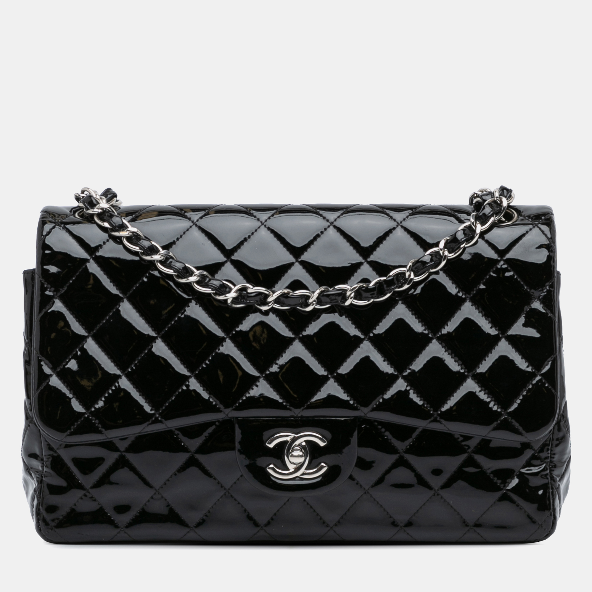 Chanel Black Leather Chanel Jumbo Classic Patent Double Flap