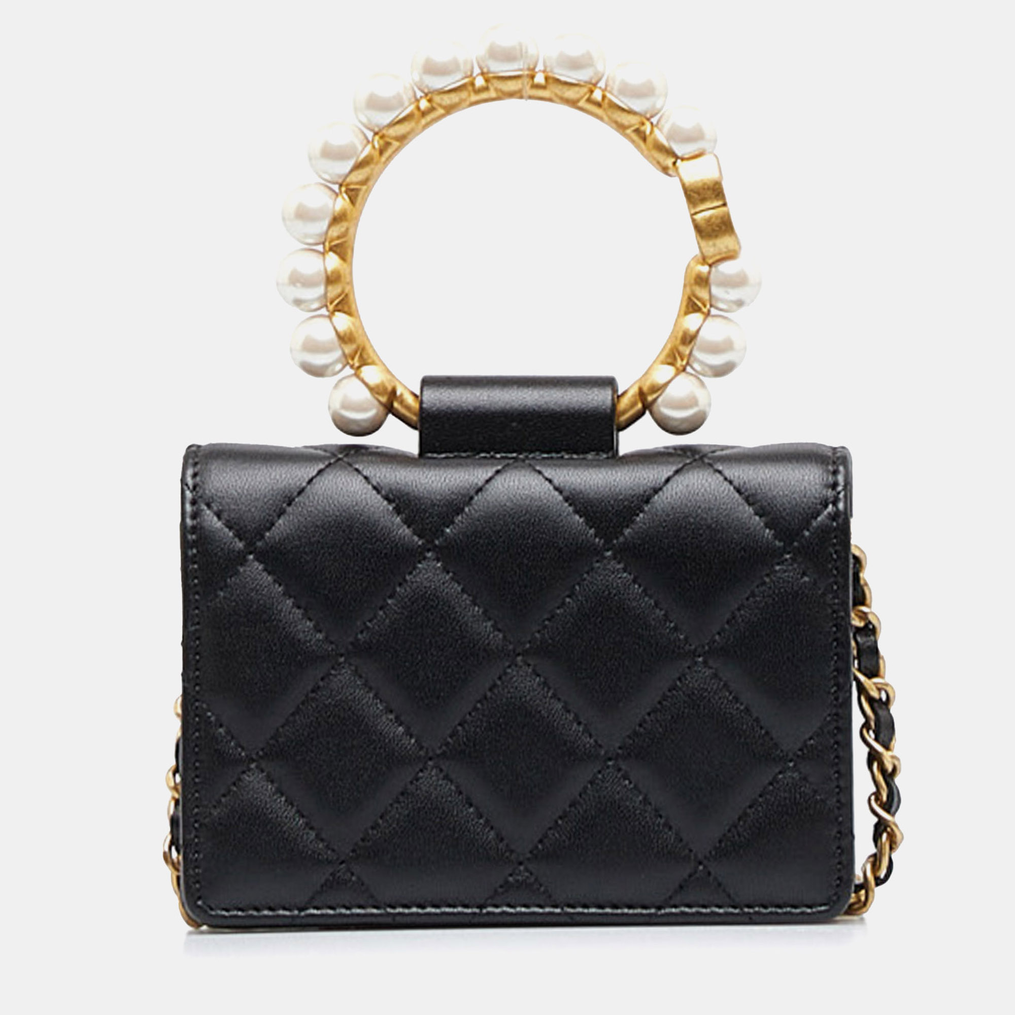 Chanel Black Leather Chanel Pearl Crown Clutch On Chain