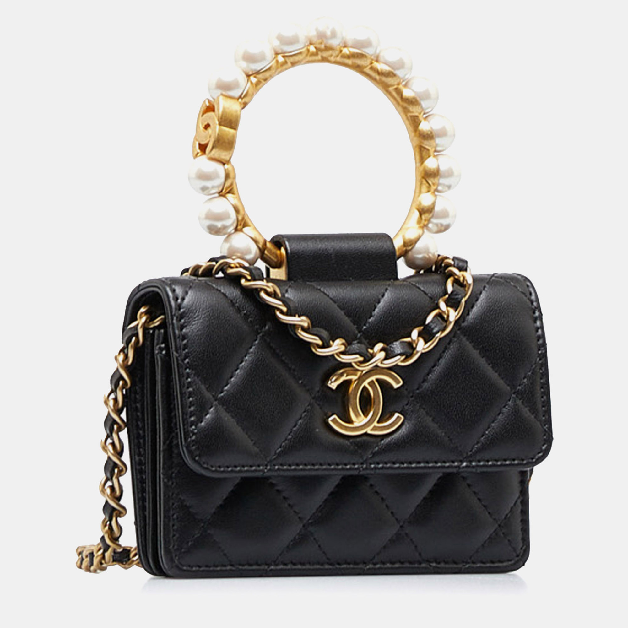 Chanel Black Leather Chanel Pearl Crown Clutch On Chain