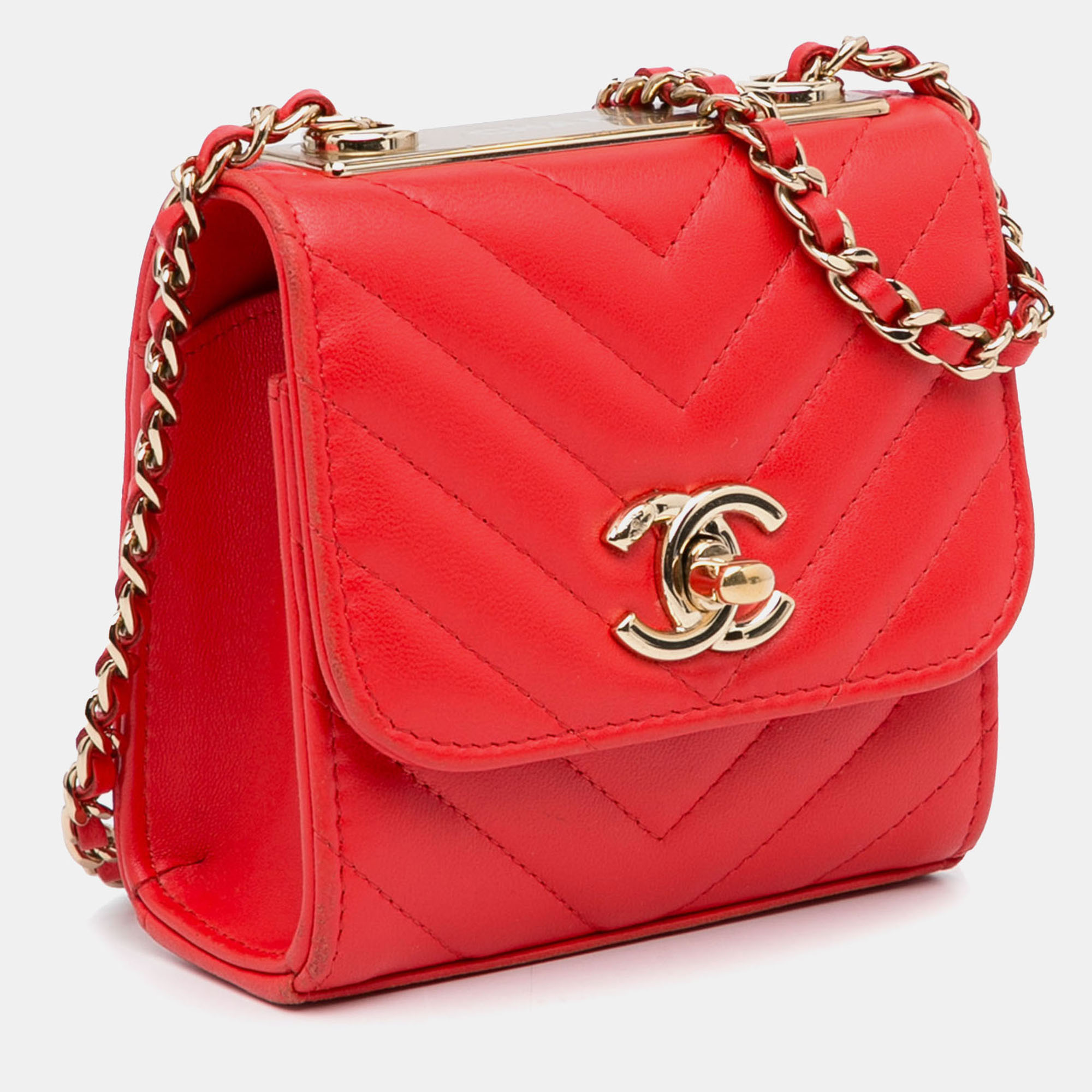 Chanel Red Leather Chanel Mini Chevron Quilted Lambskin Trendy CC Chain Wallet