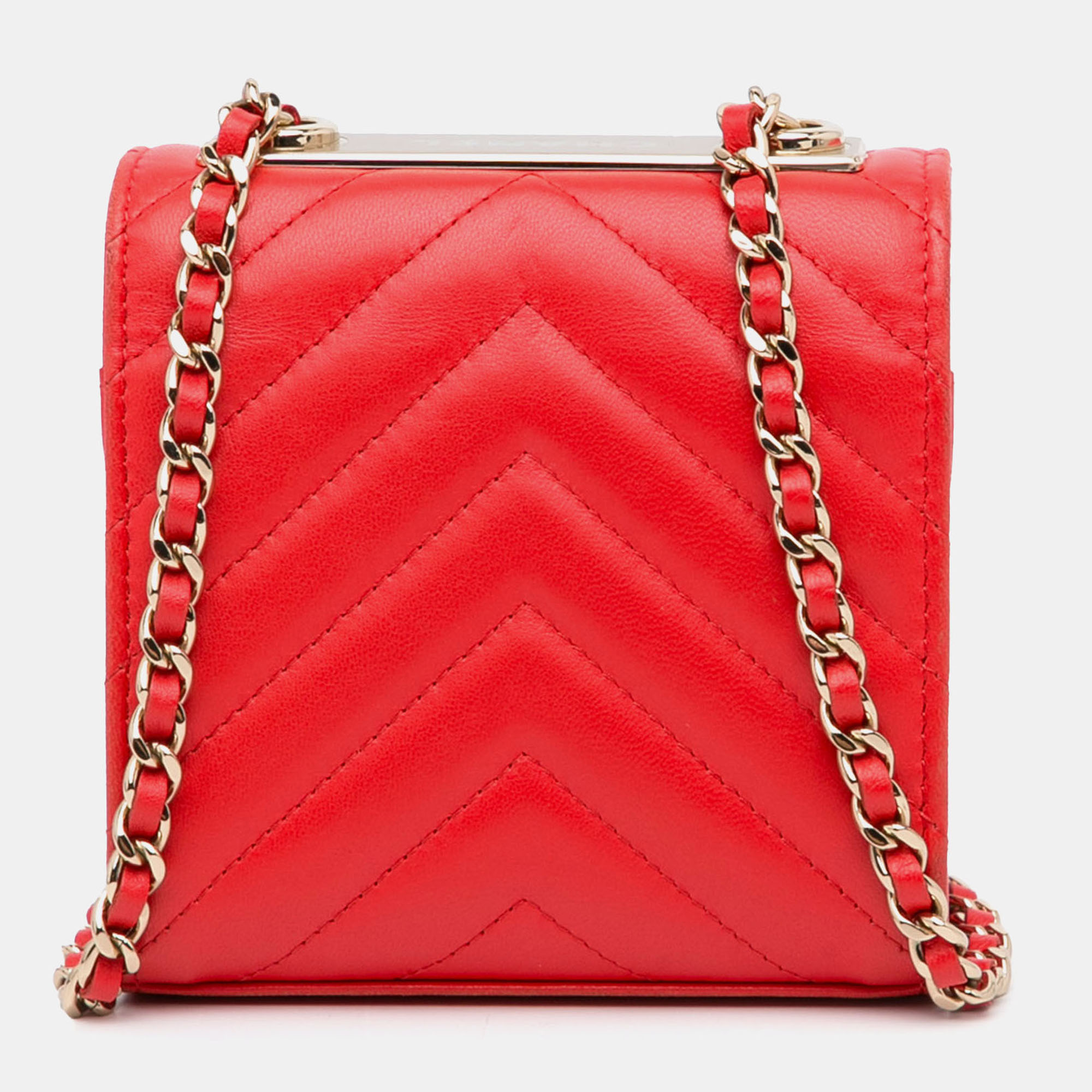 Chanel Red Leather Chanel Mini Chevron Quilted Lambskin Trendy CC Chain Wallet