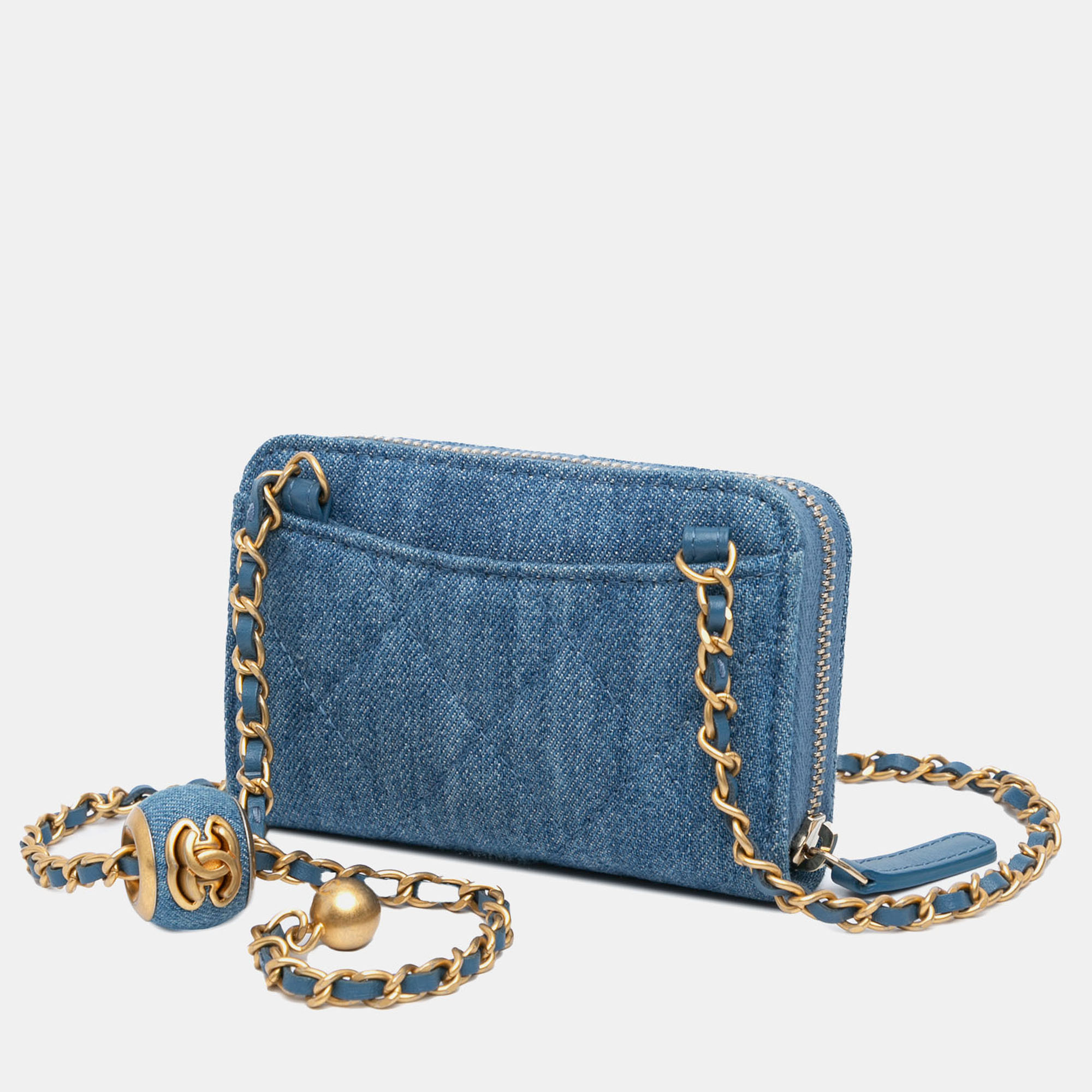 Chanel Blue Denim Mini Denim Pearl Crush Card Holder On Chain