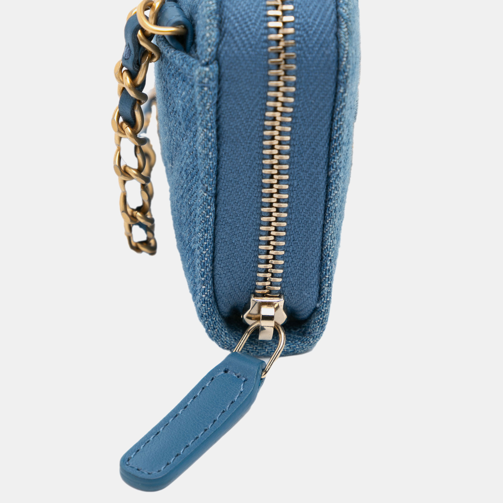 Chanel Blue Denim Mini Denim Pearl Crush Card Holder On Chain