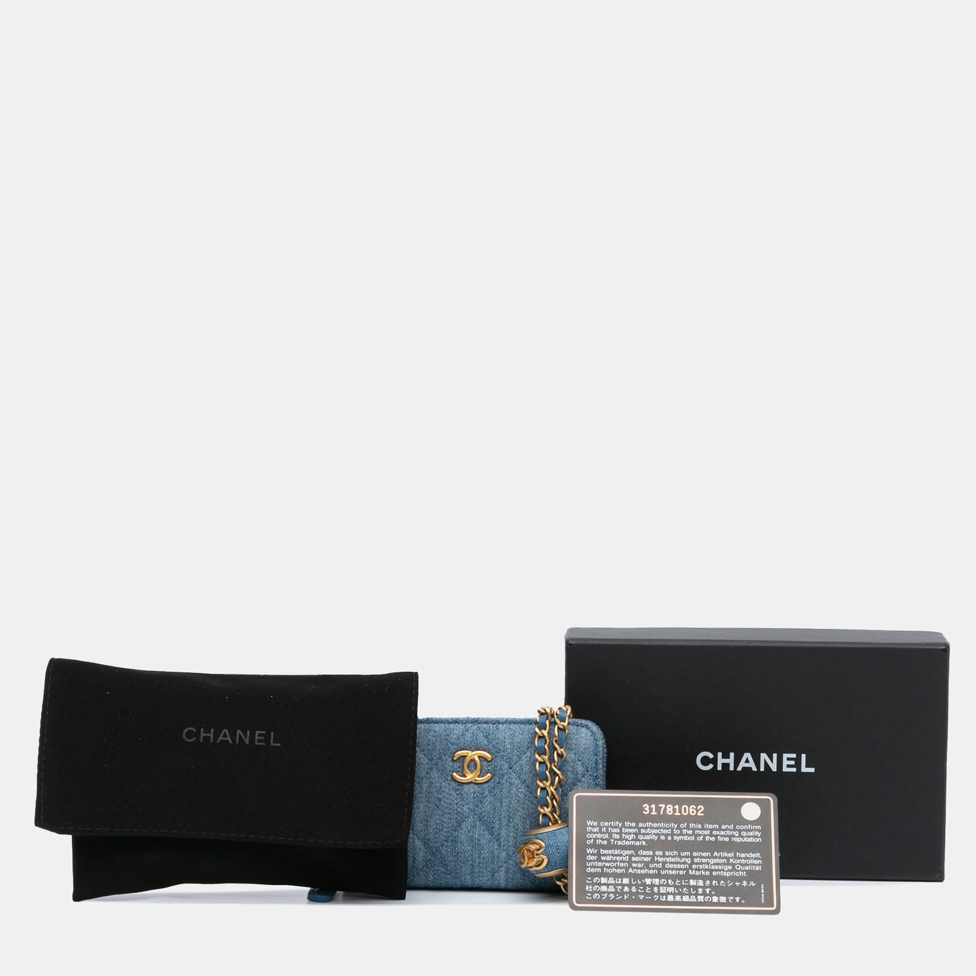 Chanel Blue Denim Mini Denim Pearl Crush Card Holder On Chain