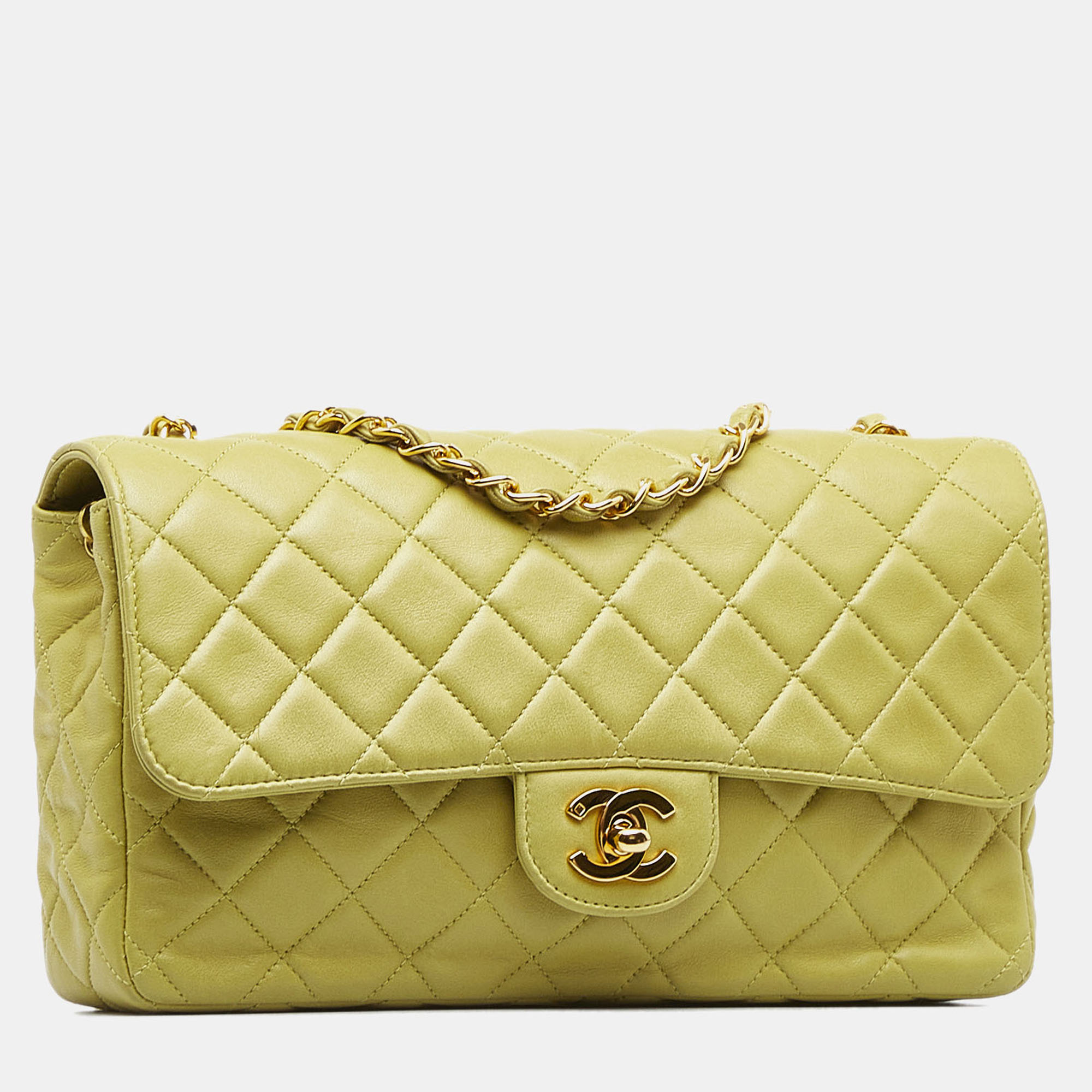 Chanel Green Lambskin Leather Medium Classic Lambskin Single Flap Bag