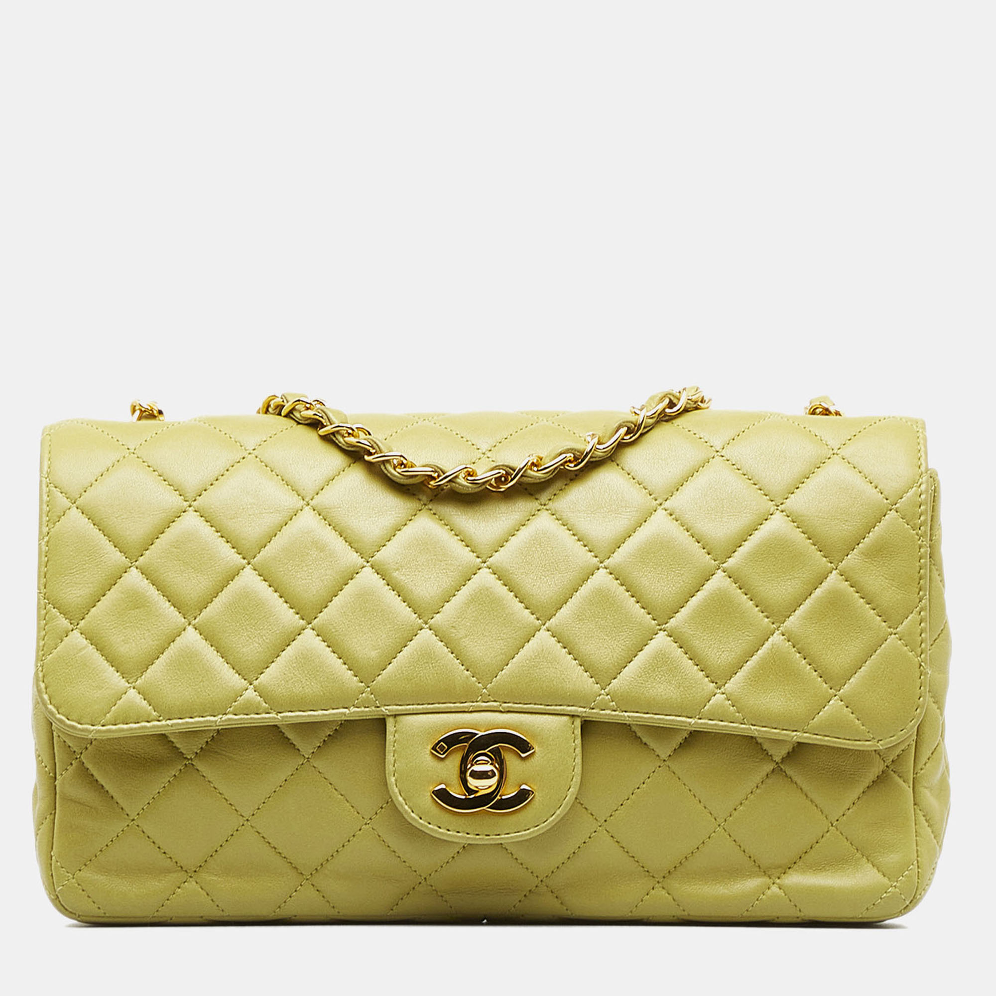 Chanel Green Lambskin Leather Medium Classic Lambskin Single Flap Bag