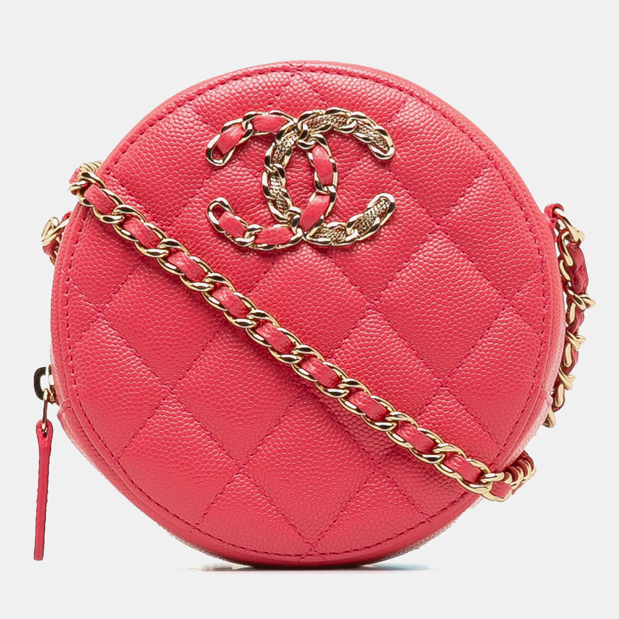 Chanel Pink Caviar Leather Caviar 19 Round Clutch With Chain