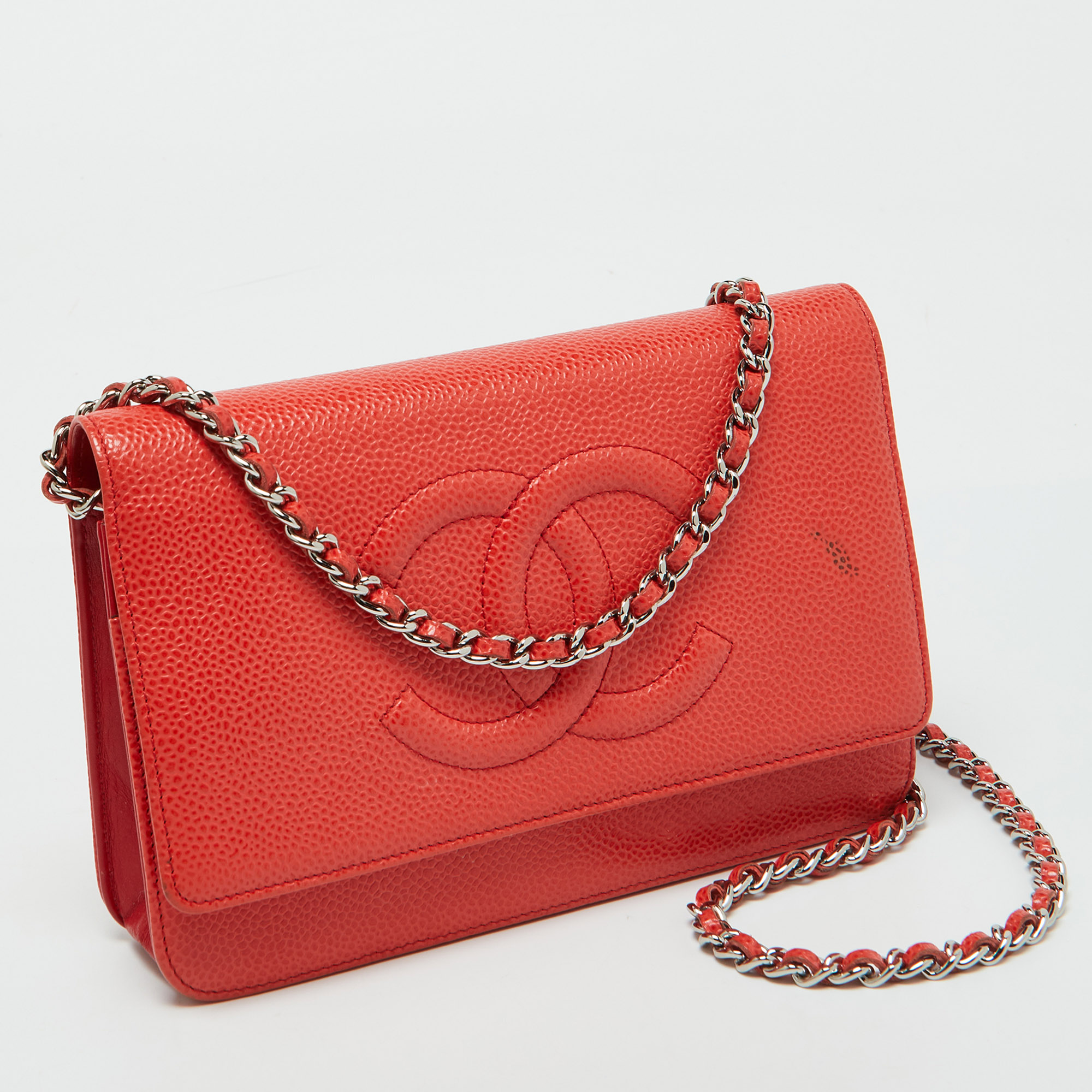 Chanel Orange Caviar Leather Timeless CC Wallet On Chain