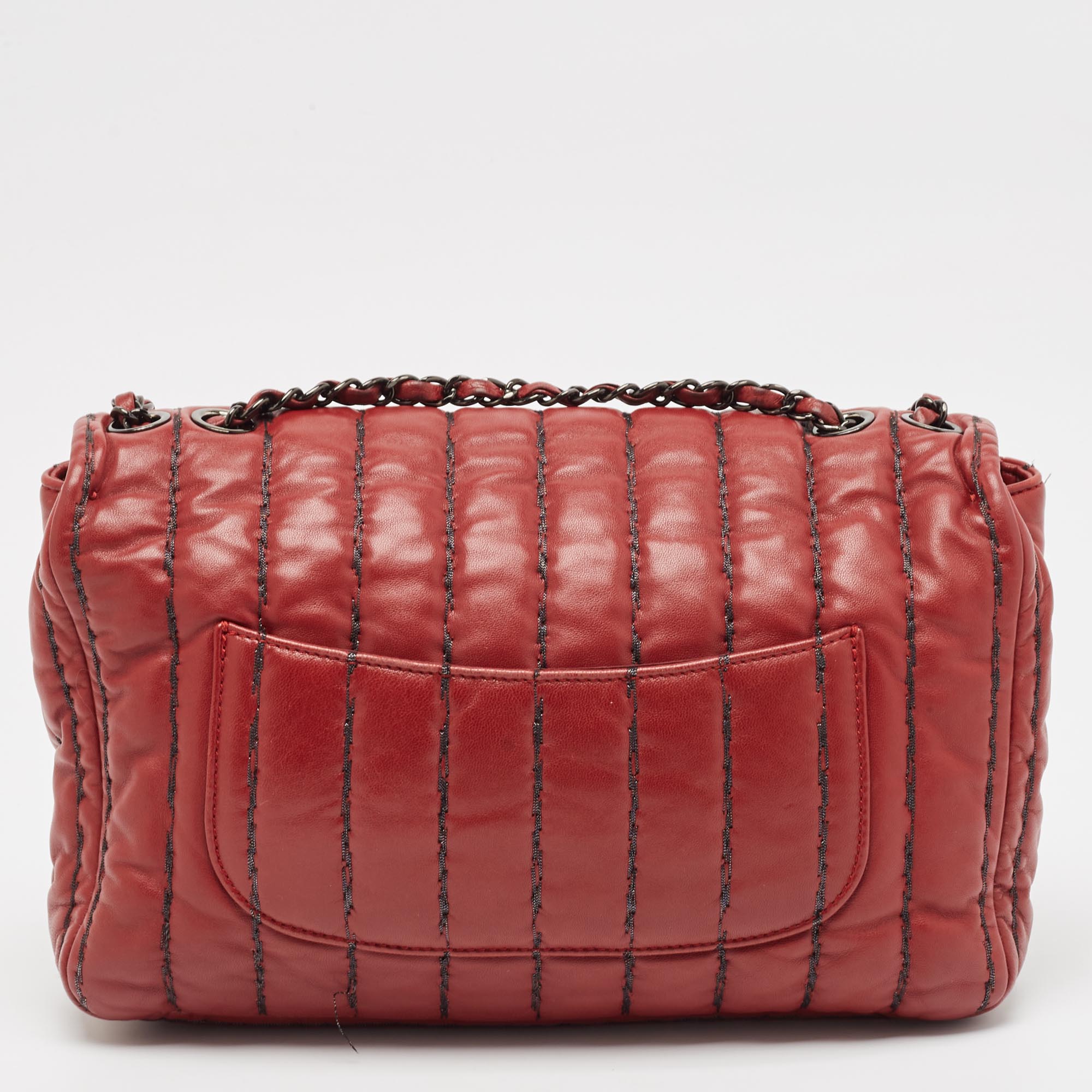 Chanel Dark Red Vertical Stitch Leather Jumbo Single Flap Bag