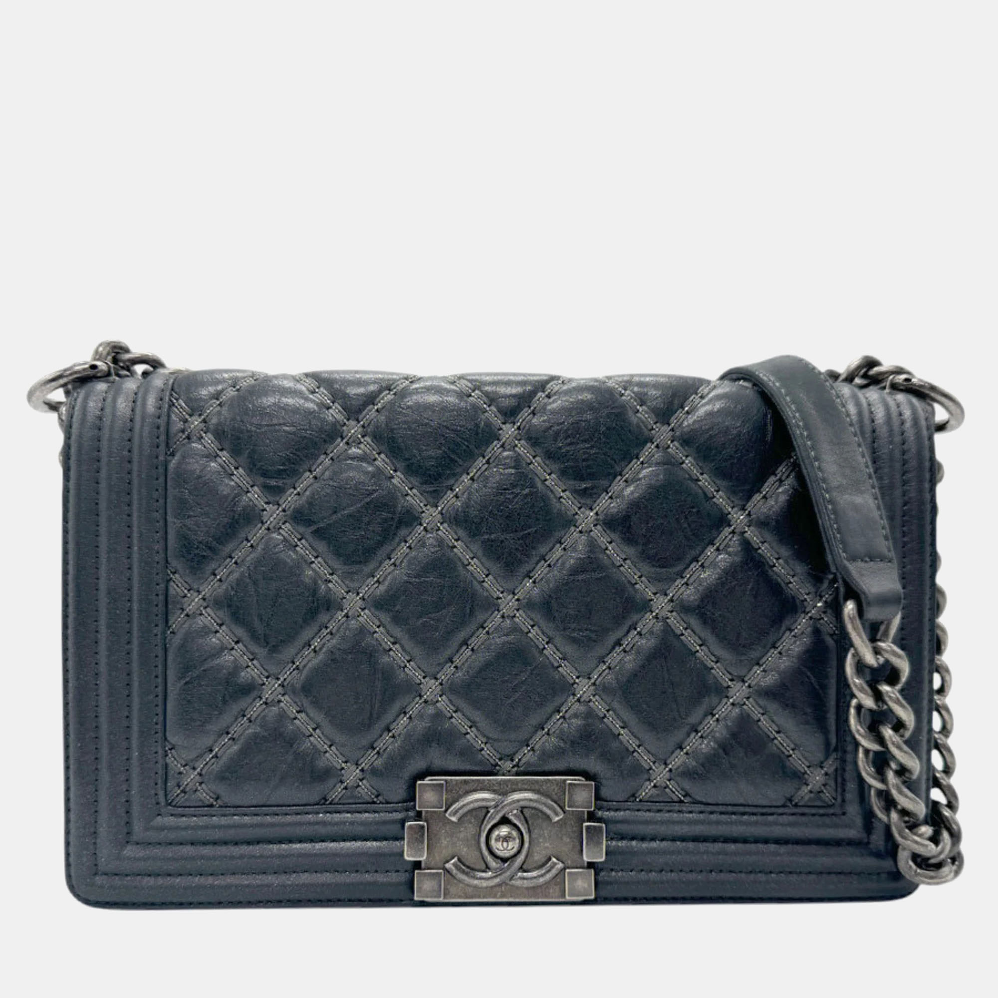 Chanel Leather Metal Silver Black Boy Chanel Shoulder Bag