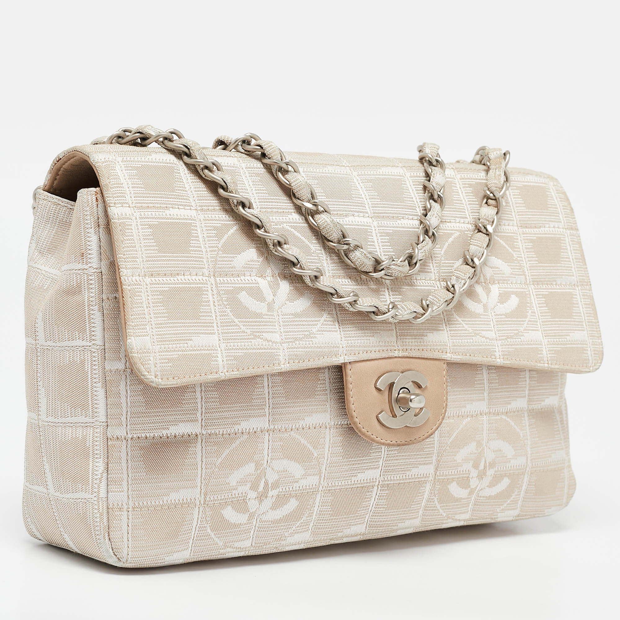 Chanel Beige Cube Quilted Fabric Medium CC Travel Line Flap Bag