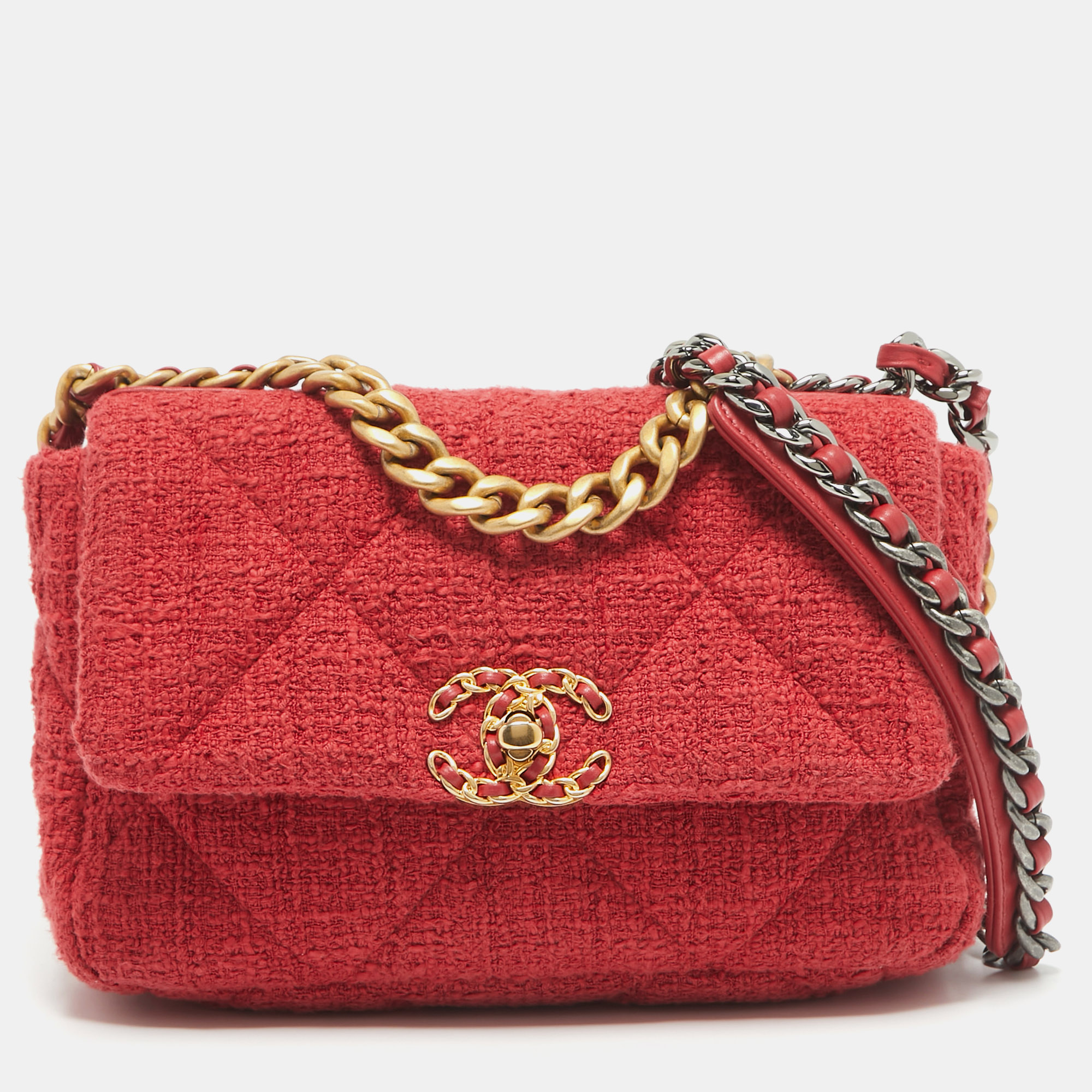 Chanel Red Quilted Tweed Medium 19 Flap Bag