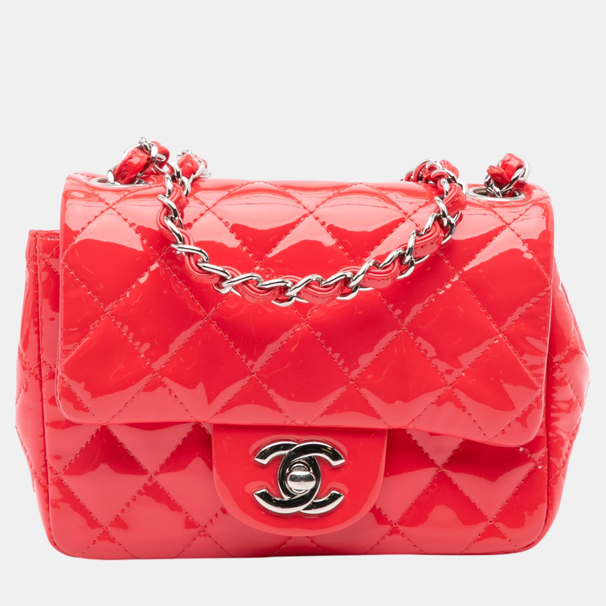 Chanel Red Patent Leather Mini Square Classic Single Flap Shoulder Bag
