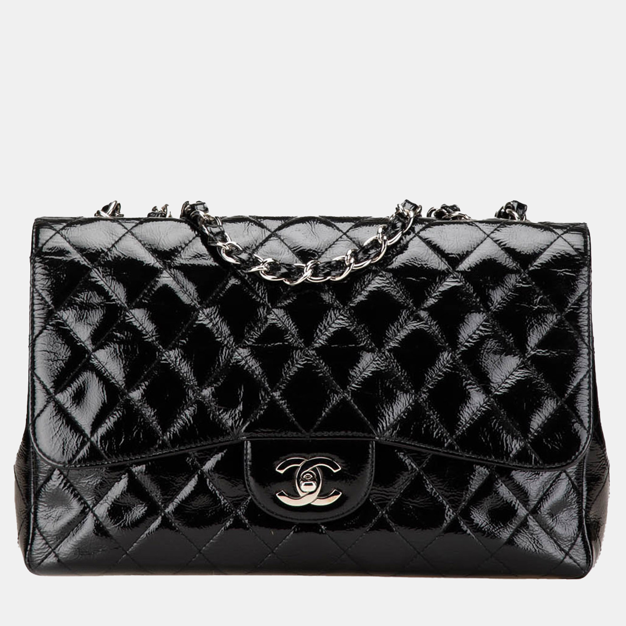 Chanel Black Jumbo Classic Crinkled Patent Single Flap