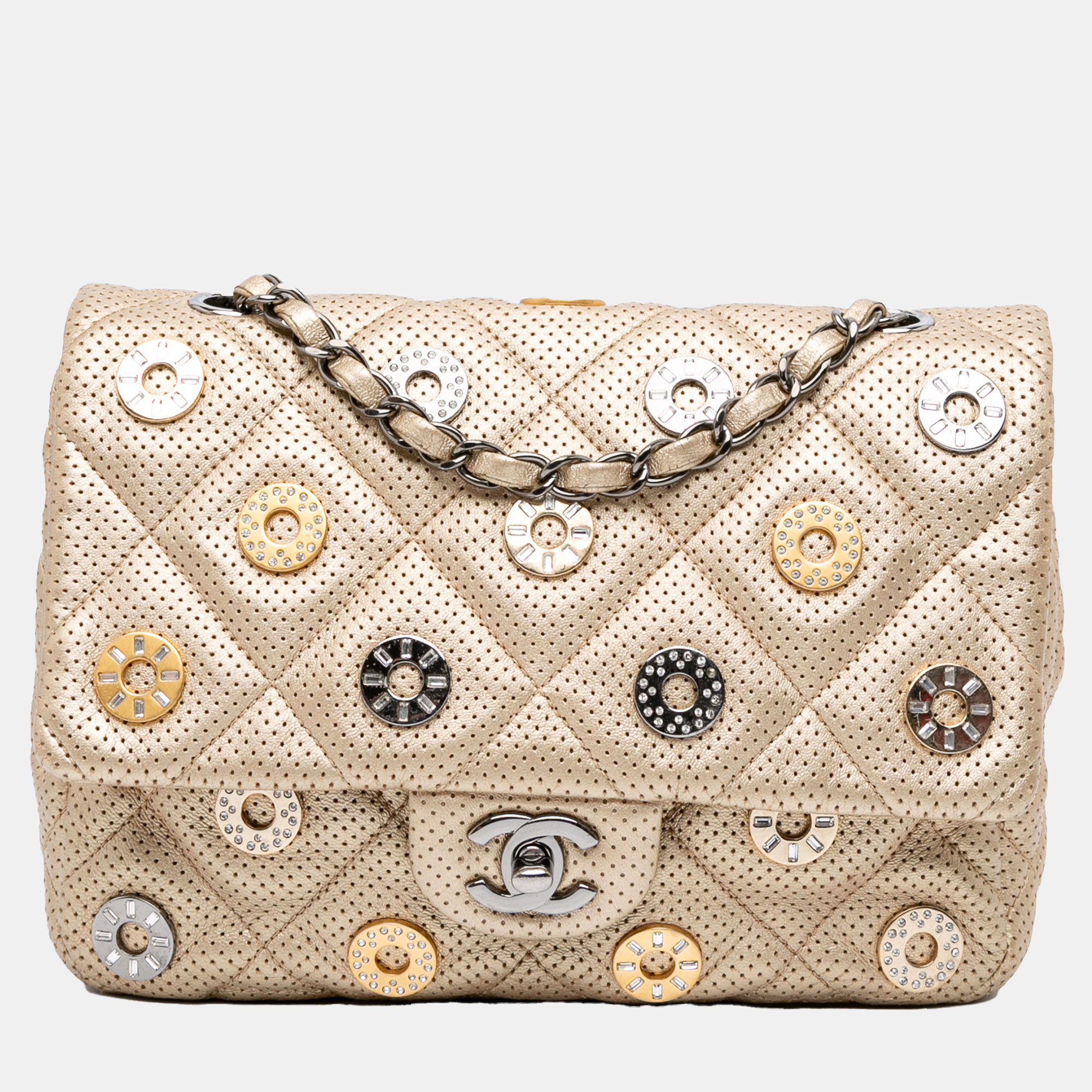 Chanel Gold Paris-Dubai Small Perforated Metallic Lambskin Medals Flap
Chanel Gold Paris-Dubai Small Perforated Metallic Lambskin Medals Flap
