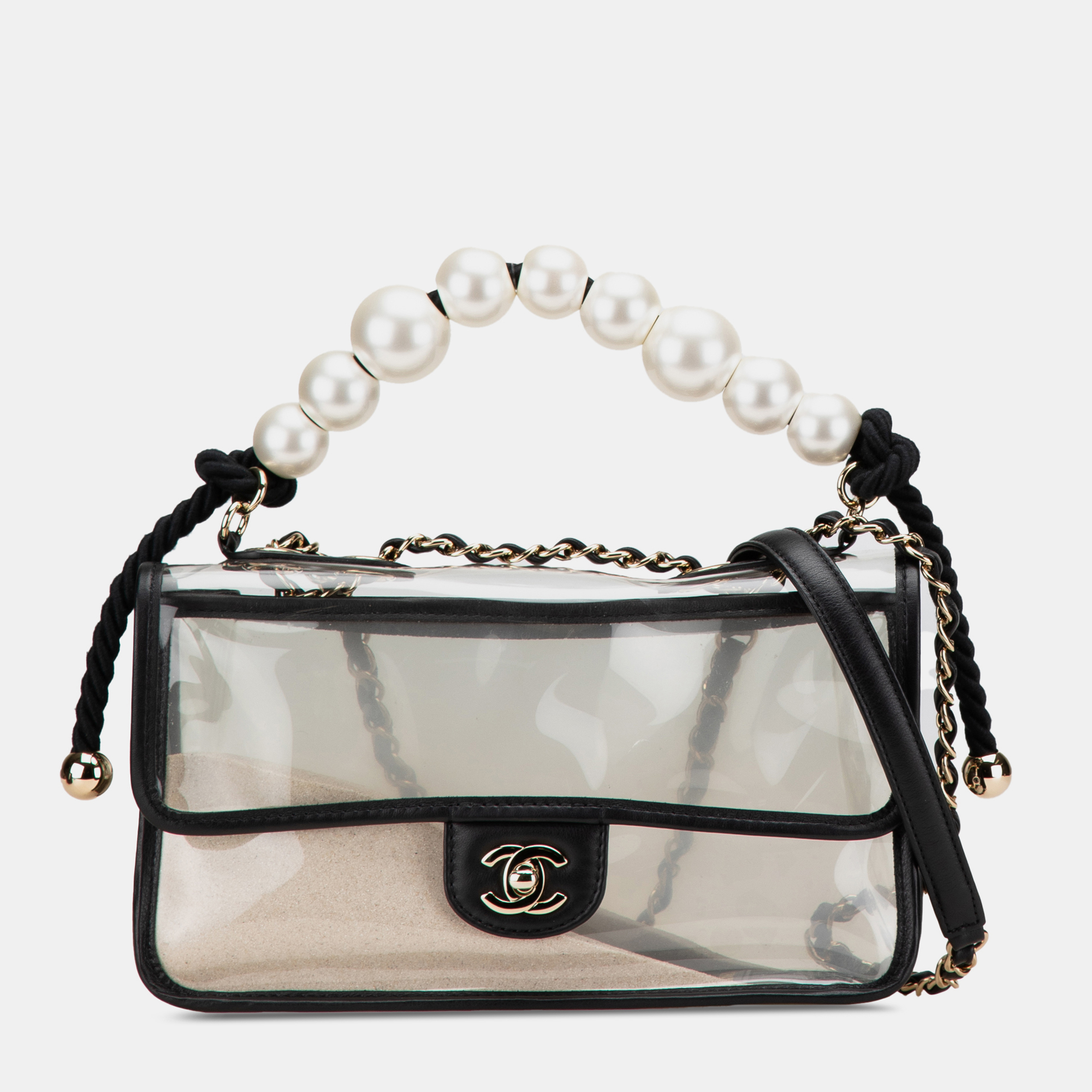 Chanel Black Transparent Medium PVC and Lambskin Sand By The Sea Flap with Pearl Strap
Chanel Black Transparent Medium PVC and Lambskin Sand By The Sea Flap with Pearl Strap
