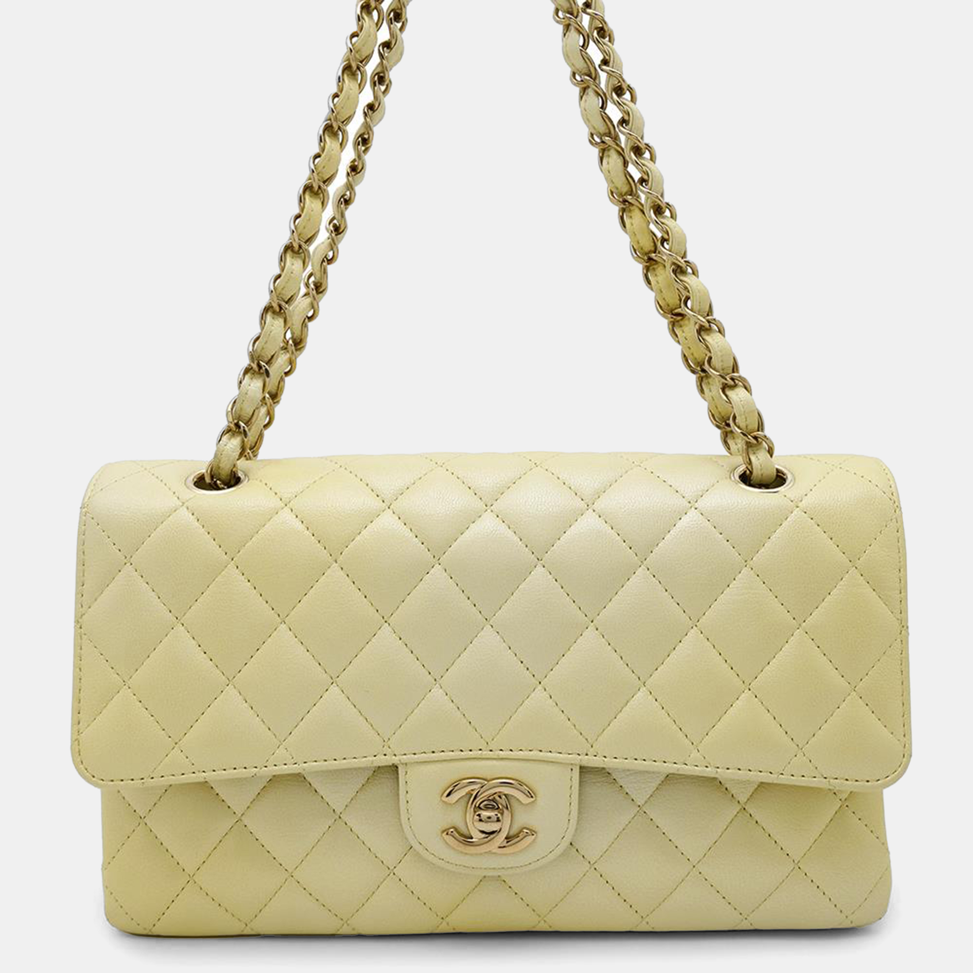 Chanel Matelasse Double Flap Chain shoulder Bag Metalic yellow Calf Leather Size
Chanel Matelasse Double Flap Chain shoulder Bag Metalic yellow Calf Leather Size