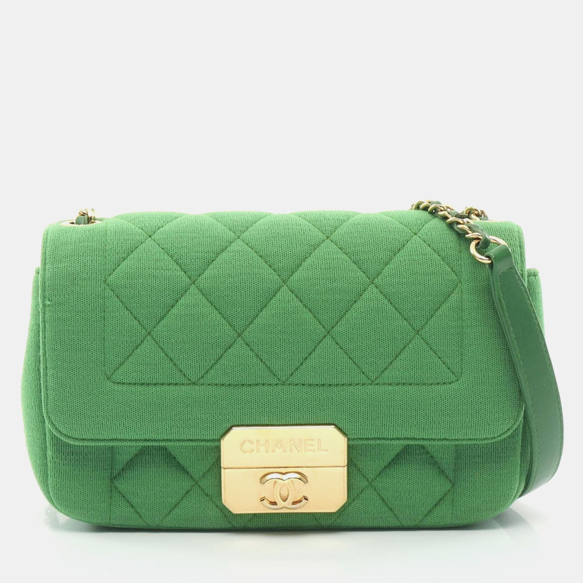 Chanel Green Matelasse Cotton Jersey Leather Single Flap Chain Shoulder Bag
Chanel Green Matelasse Cotton Jersey Leather Single Flap Chain Shoulder Bag