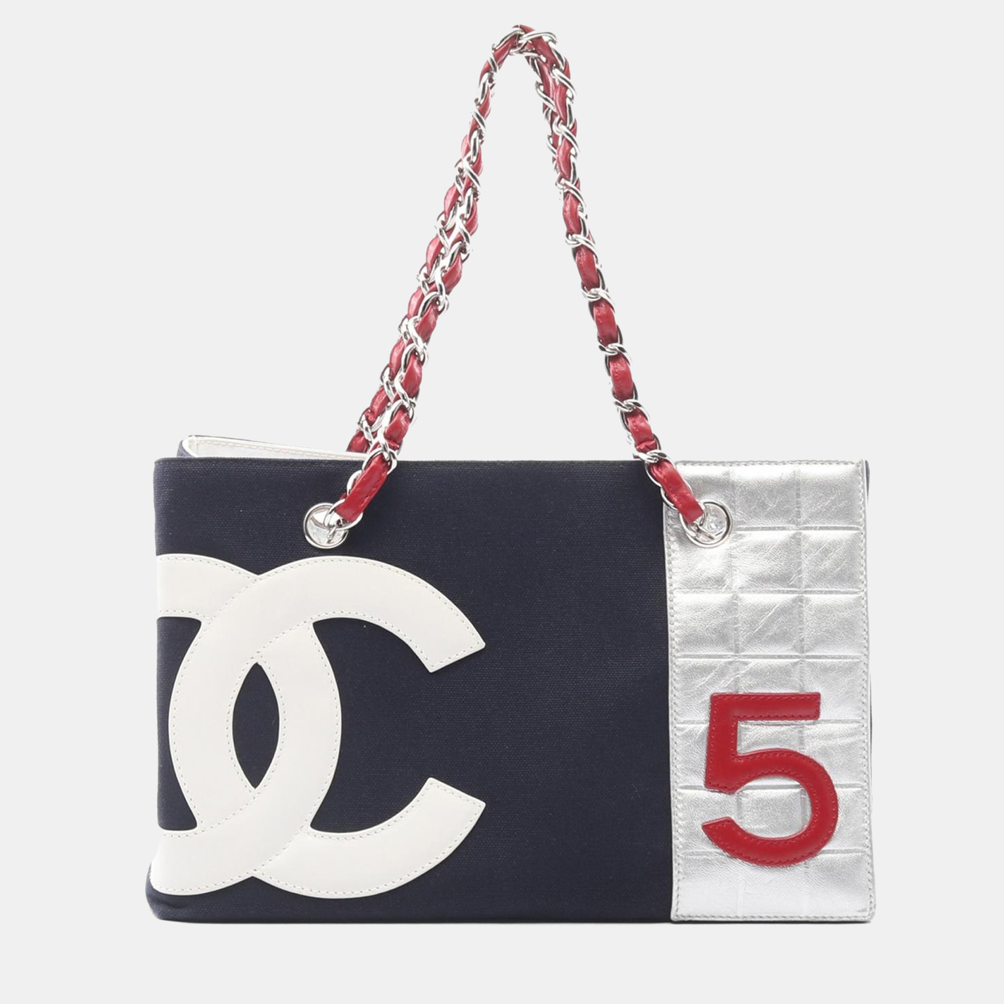 Chanel Navy Blue/Red/Silver Canvas Leather No.5 Chocolate Bar Chain Tote Bag CC
Chanel Navy Blue/Red/Silver Canvas Leather No.5 Chocolate Bar Chain Tote Bag CC