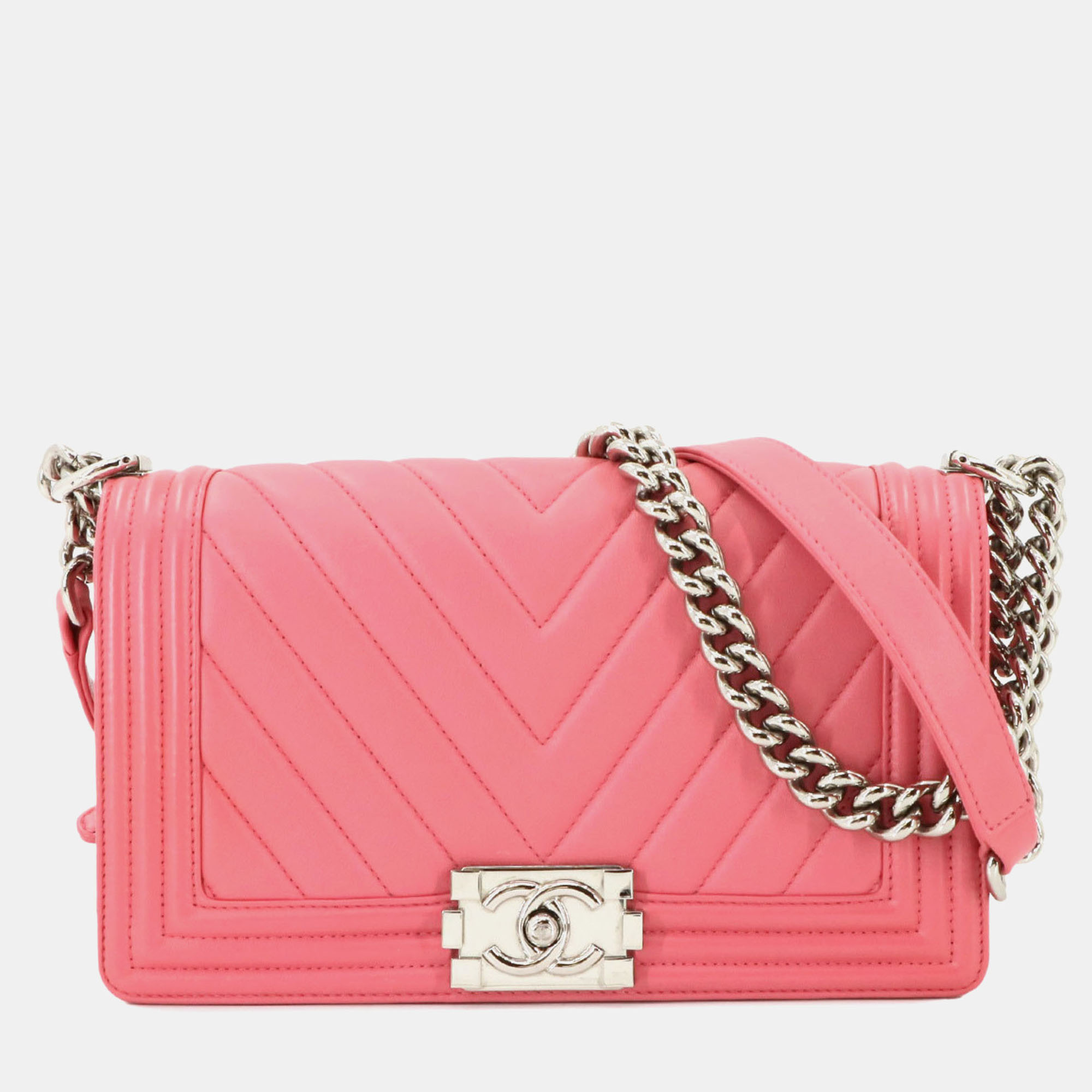 Chanel Boy Chanel Chain Shoulder Bag Leather Pink Chevron V Stitch Silver
Chanel Boy Chanel Chain Shoulder Bag Leather Pink Chevron V Stitch Silver