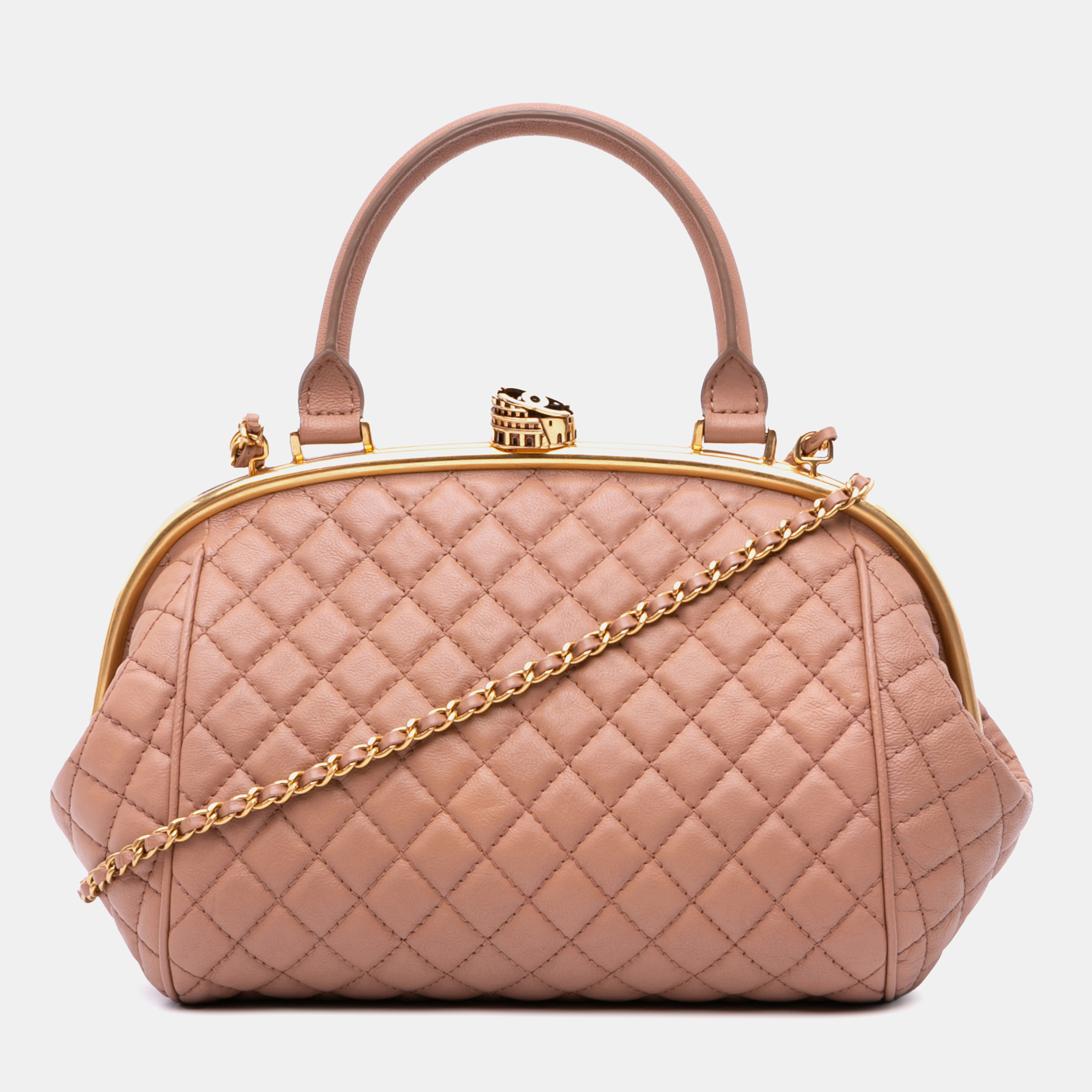 Chanel Brown Paris Rome Quilted Calfskin Colosseum Lock Frame Bowling Bag
Chanel Brown Paris Rome Quilted Calfskin Colosseum Lock Frame Bowling Bag