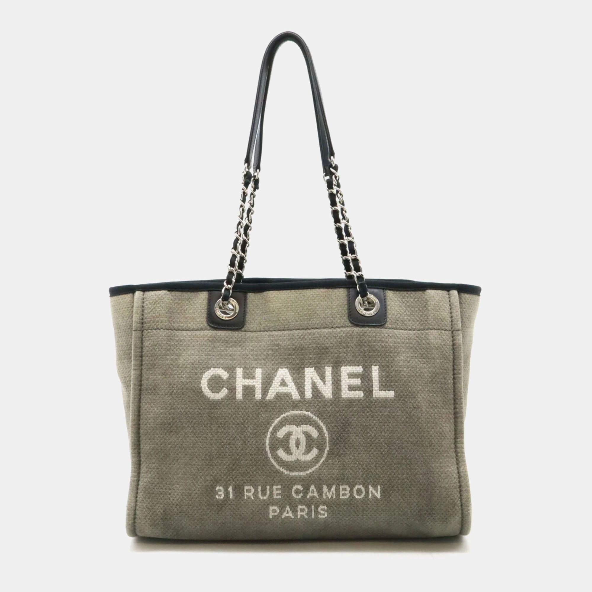 Chanel Gray/Black Canvas Deauville Line Medium Chain Tote Bag
Chanel Gray/Black Canvas Deauville Line Medium Chain Tote Bag