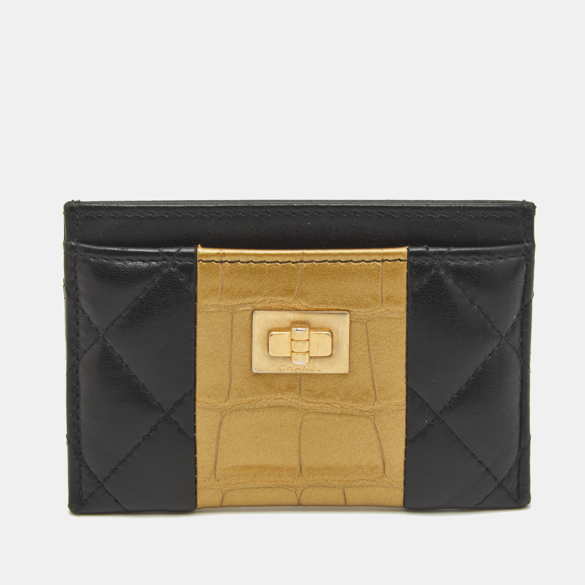 Chanel Black/Gold Crocodile Embossed and Leather Reissue 2.55 Card Holder
Chanel Black/Gold Crocodile Embossed and Leather Reissue 2.55 Card Holder