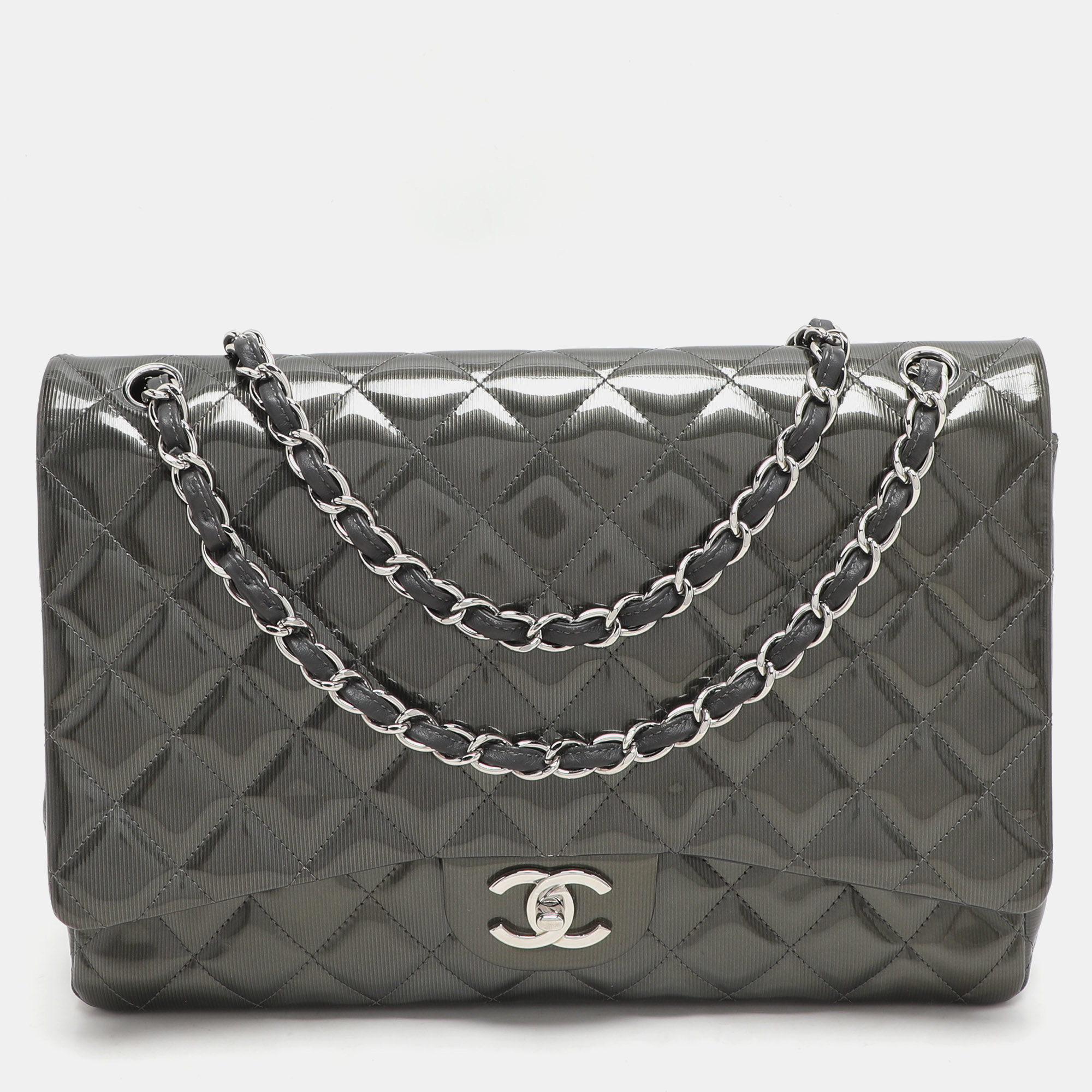 Chanel Grey Straited Quilted Patent Leather Maxi Classic Double Flap Bag
Chanel Grey Straited Quilted Patent Leather Maxi Classic Double Flap Bag