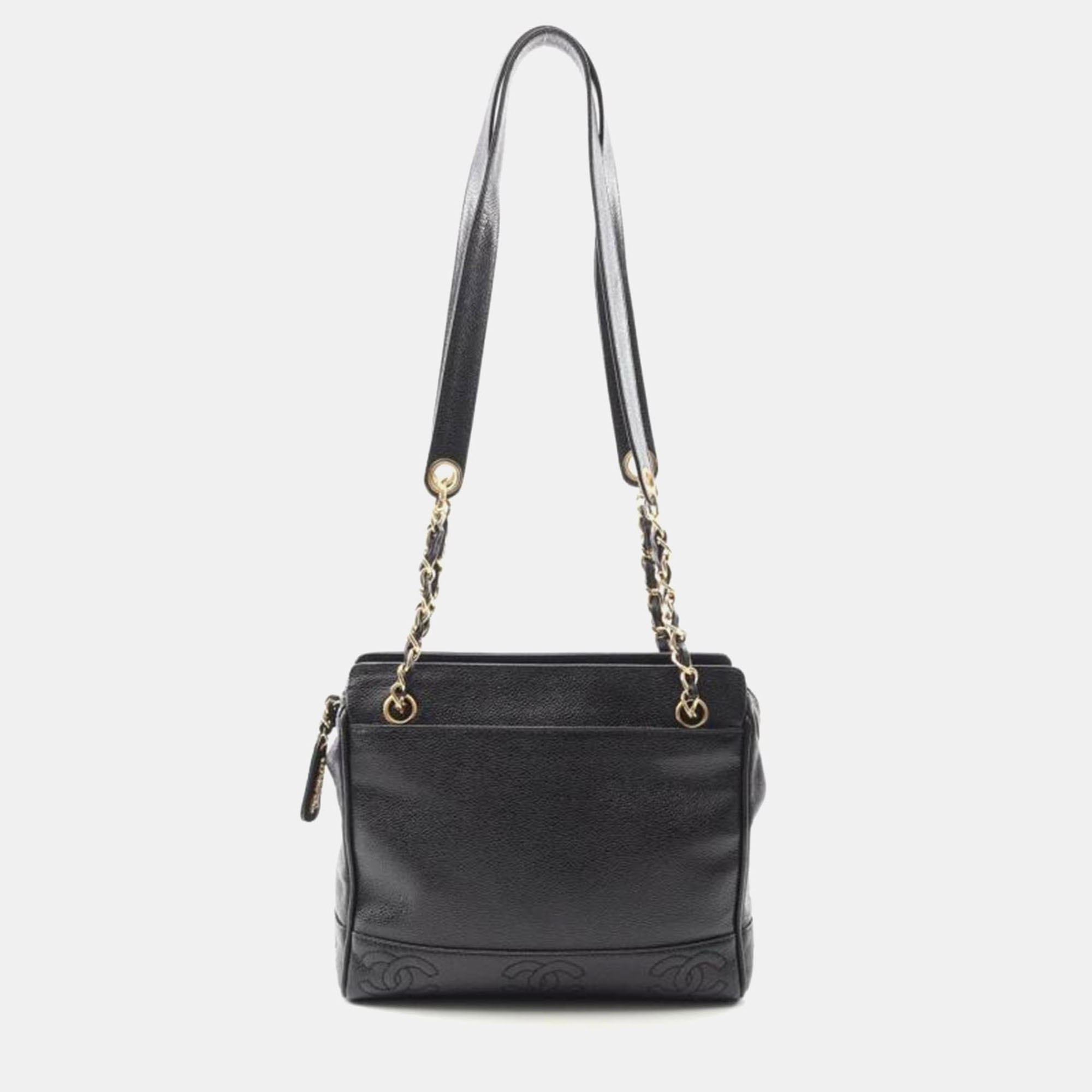 Chanel Black Caviar Skin Leather Coco Mark Triple Chain Tote Bag
Chanel Black Caviar Skin Leather Coco Mark Triple Chain Tote Bag