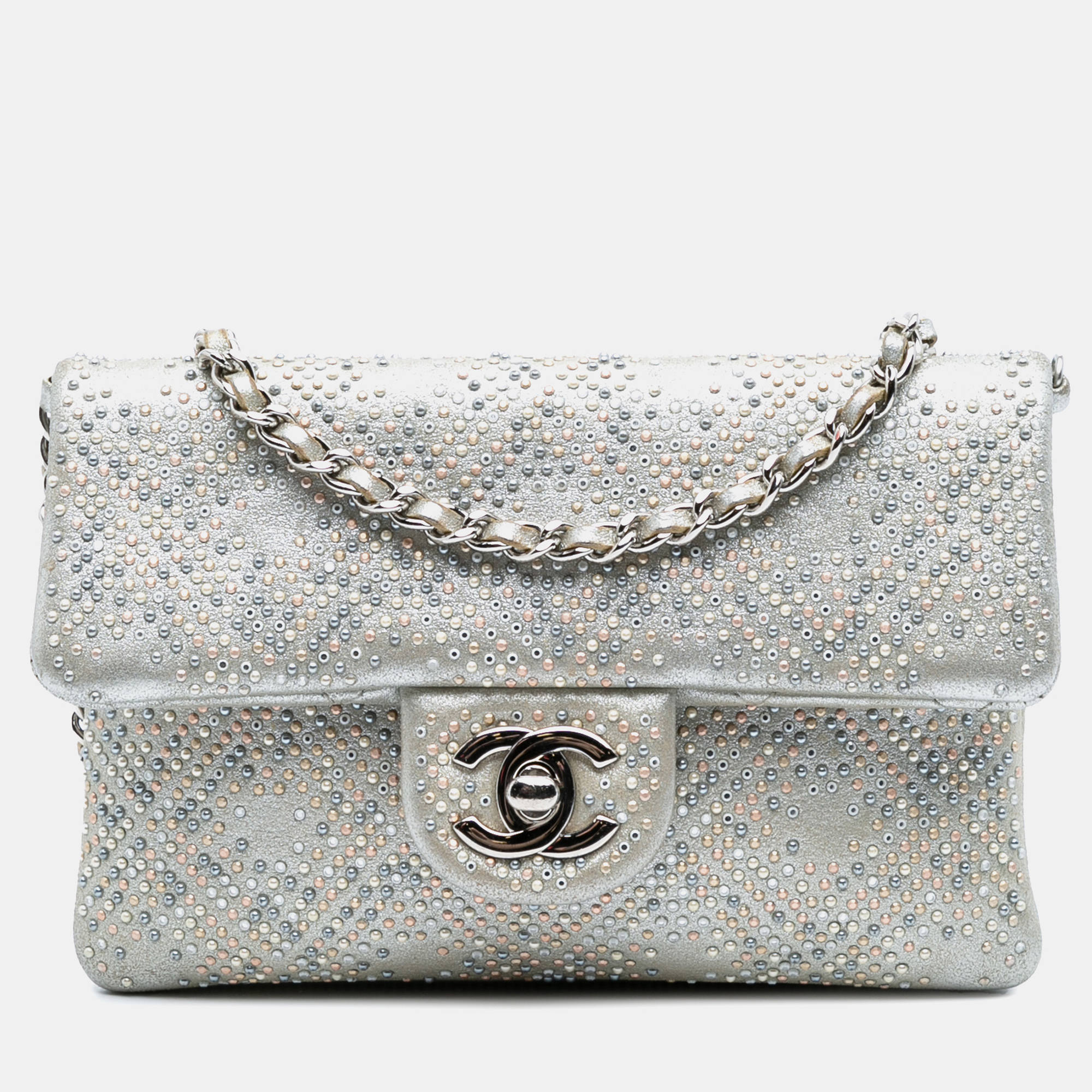 Chanel Silver CC Iridescent and Studded Calfskin Flap Clutch on Chain
Chanel Silver CC Iridescent and Studded Calfskin Flap Clutch on Chain