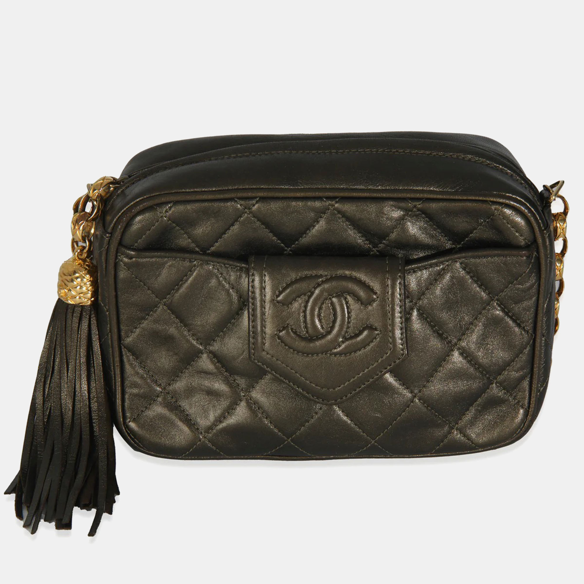 Chanel Vintage Metallic Green Quilted Lambskin Tassel Camera Bag, Black
Chanel Vintage Metallic Green Quilted Lambskin Tassel Camera Bag, Black